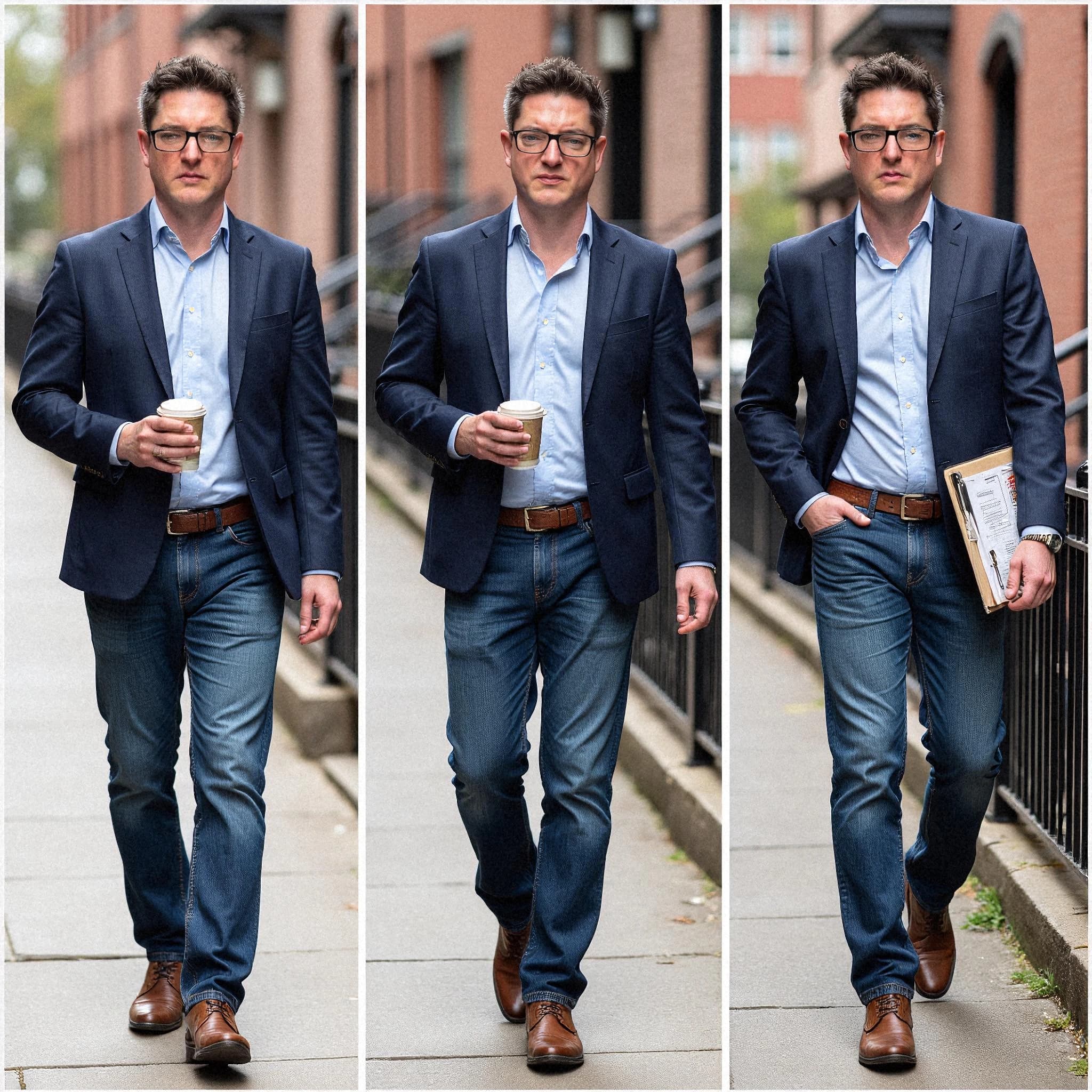 Professional headshot example: Man Street Blue Jacket Coffee — LinkedInHeadshots.ai