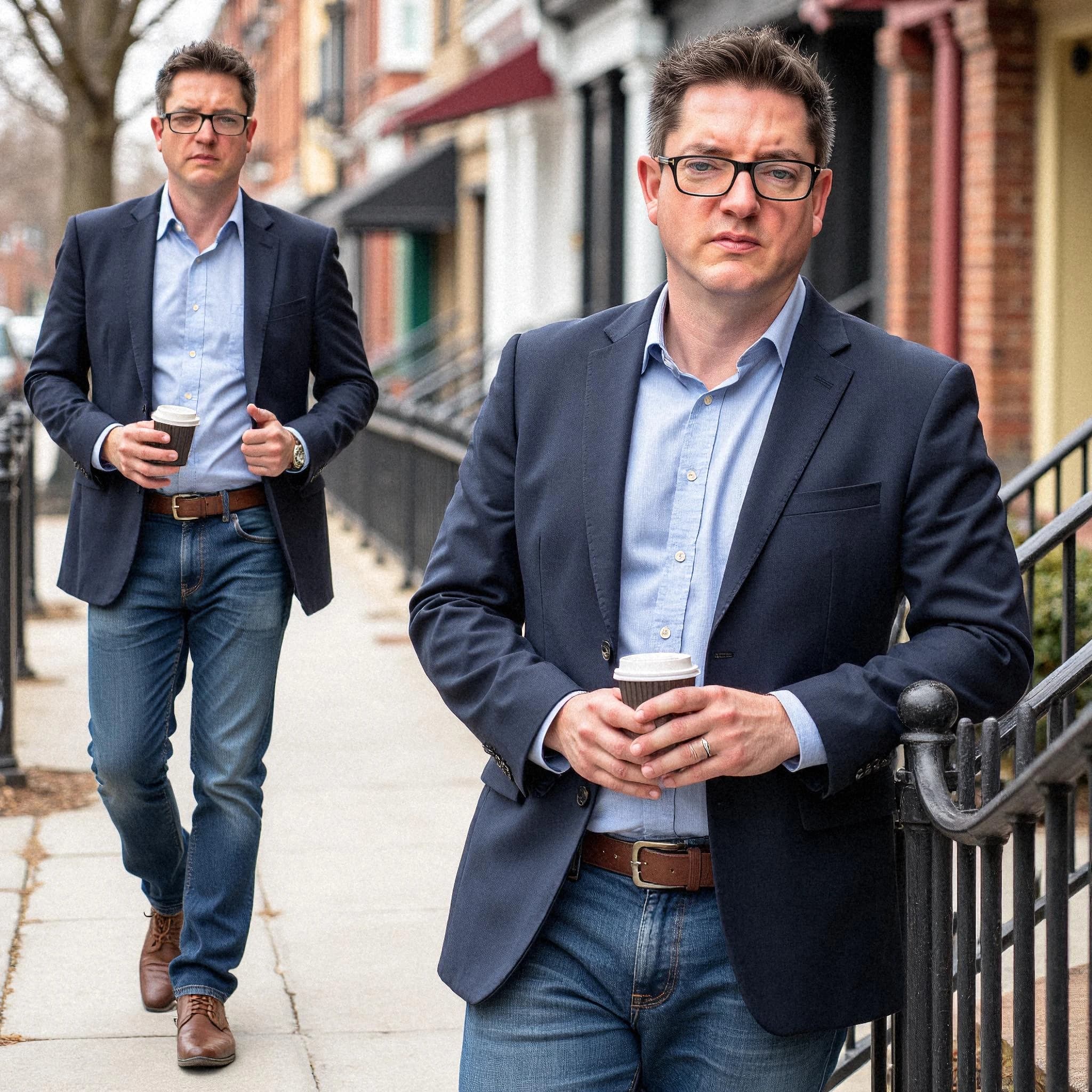 Professional headshot example: Man Street Blue Jacket Holding Coffee — LinkedInHeadshots.ai