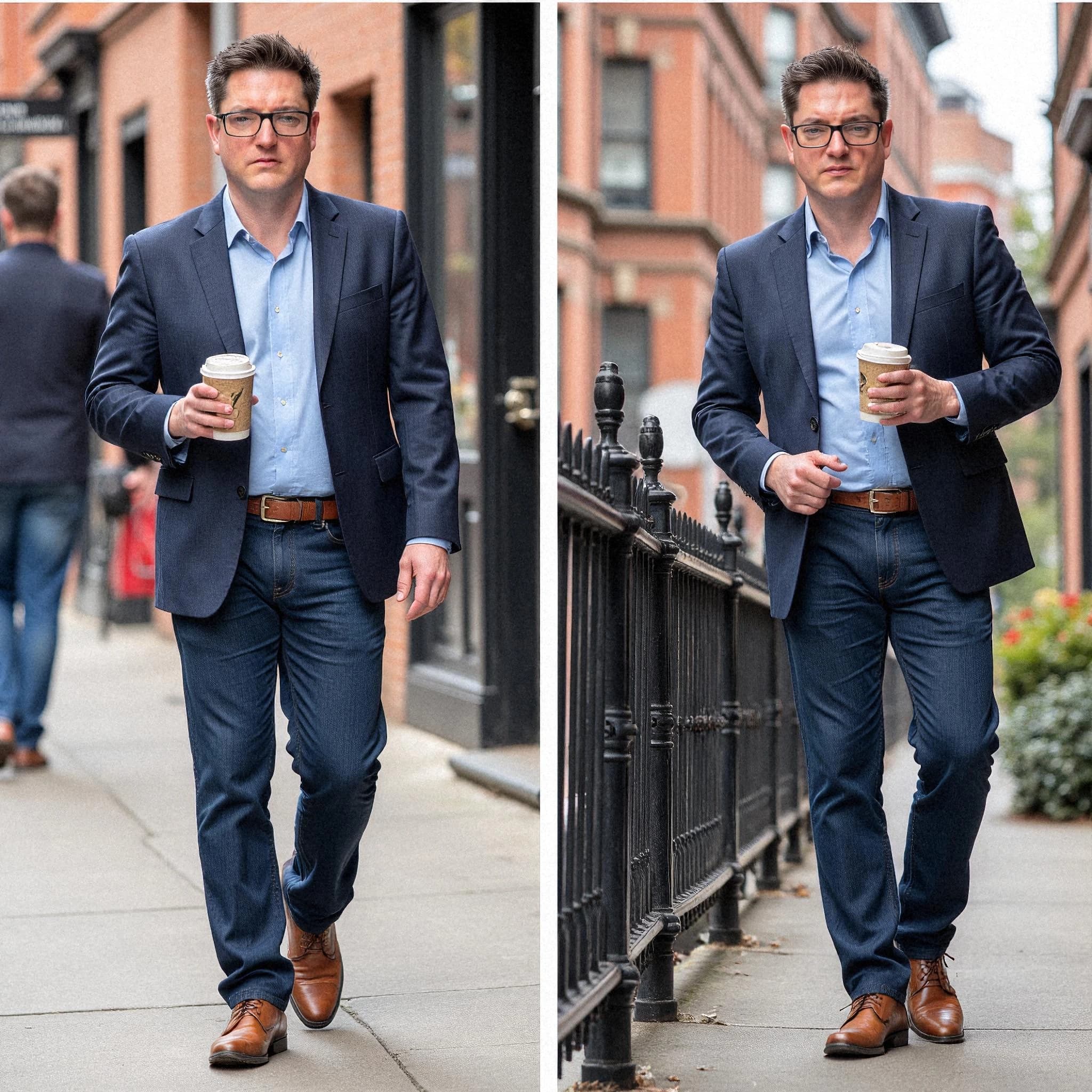 Professional headshot example: Man Street Blue Jacket Holding Coffee 2 — LinkedInHeadshots.ai