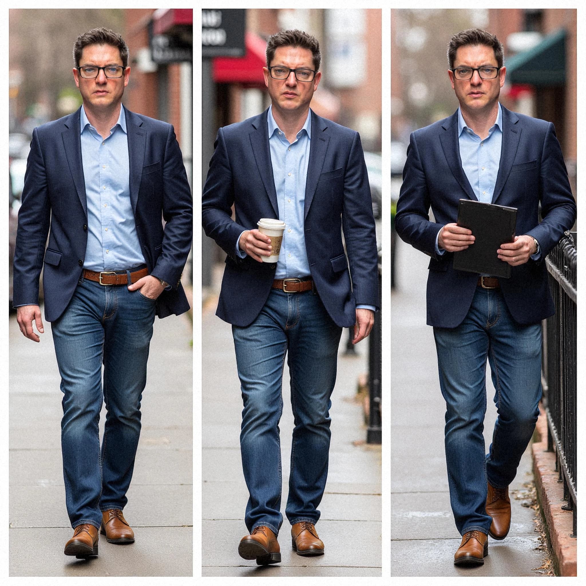 Professional headshot example: Man Street Blue Jacket Walking — LinkedInHeadshots.ai