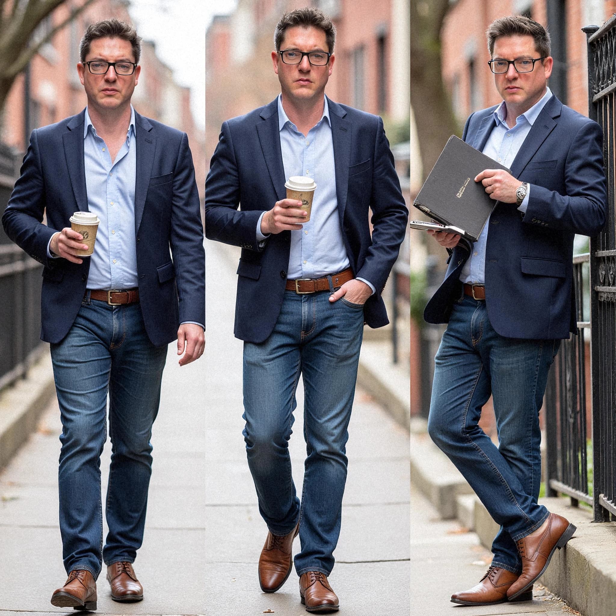 Professional headshot example: Man Street Blue Jacket Walking 2 — LinkedInHeadshots.ai