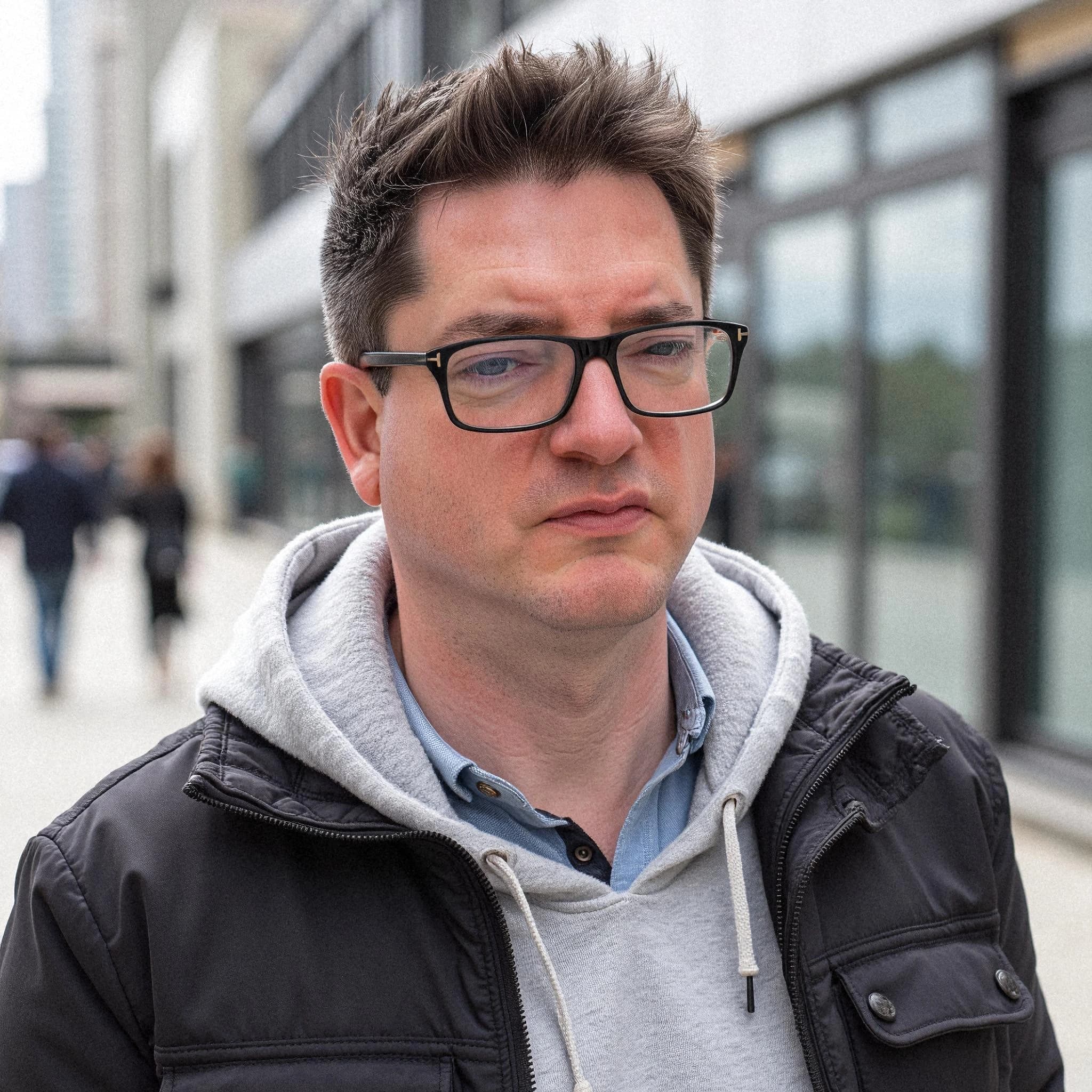 Professional headshot example: Man Street Glasses Jacket Walking — LinkedInHeadshots.ai