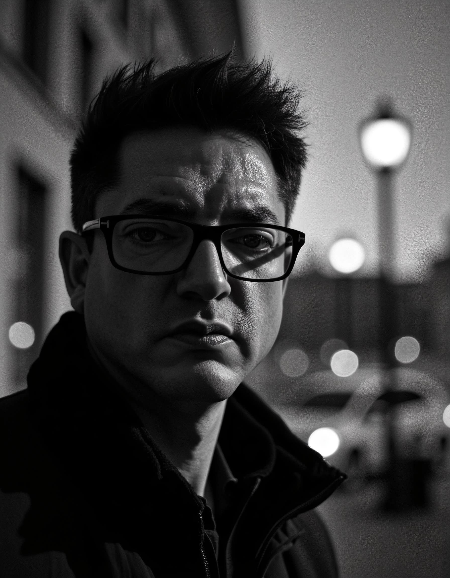 Professional headshot example: Man Street Glasses Serious Expression — LinkedInHeadshots.ai