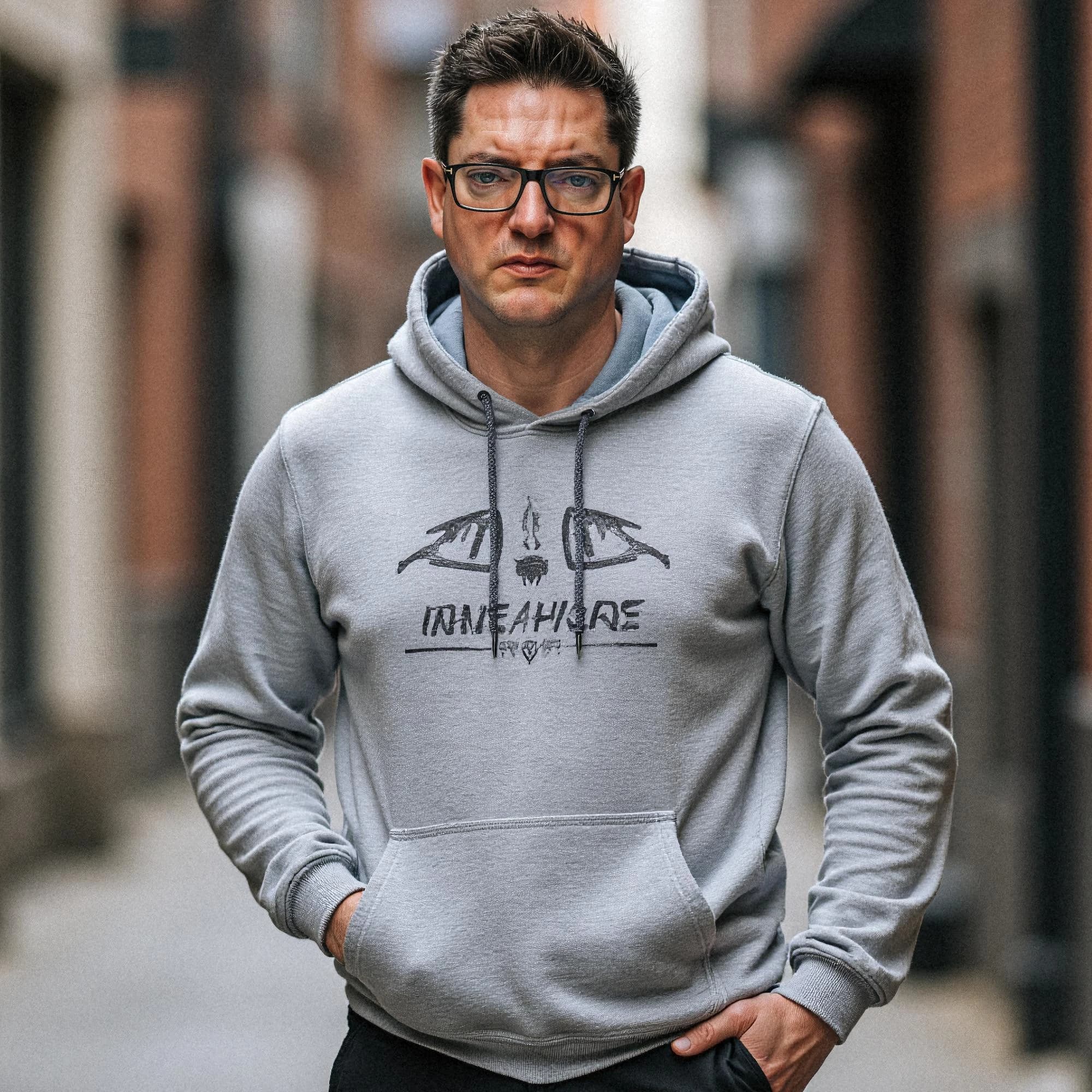 Professional headshot example: Man Street Gray Hoodie Standing — LinkedInHeadshots.ai