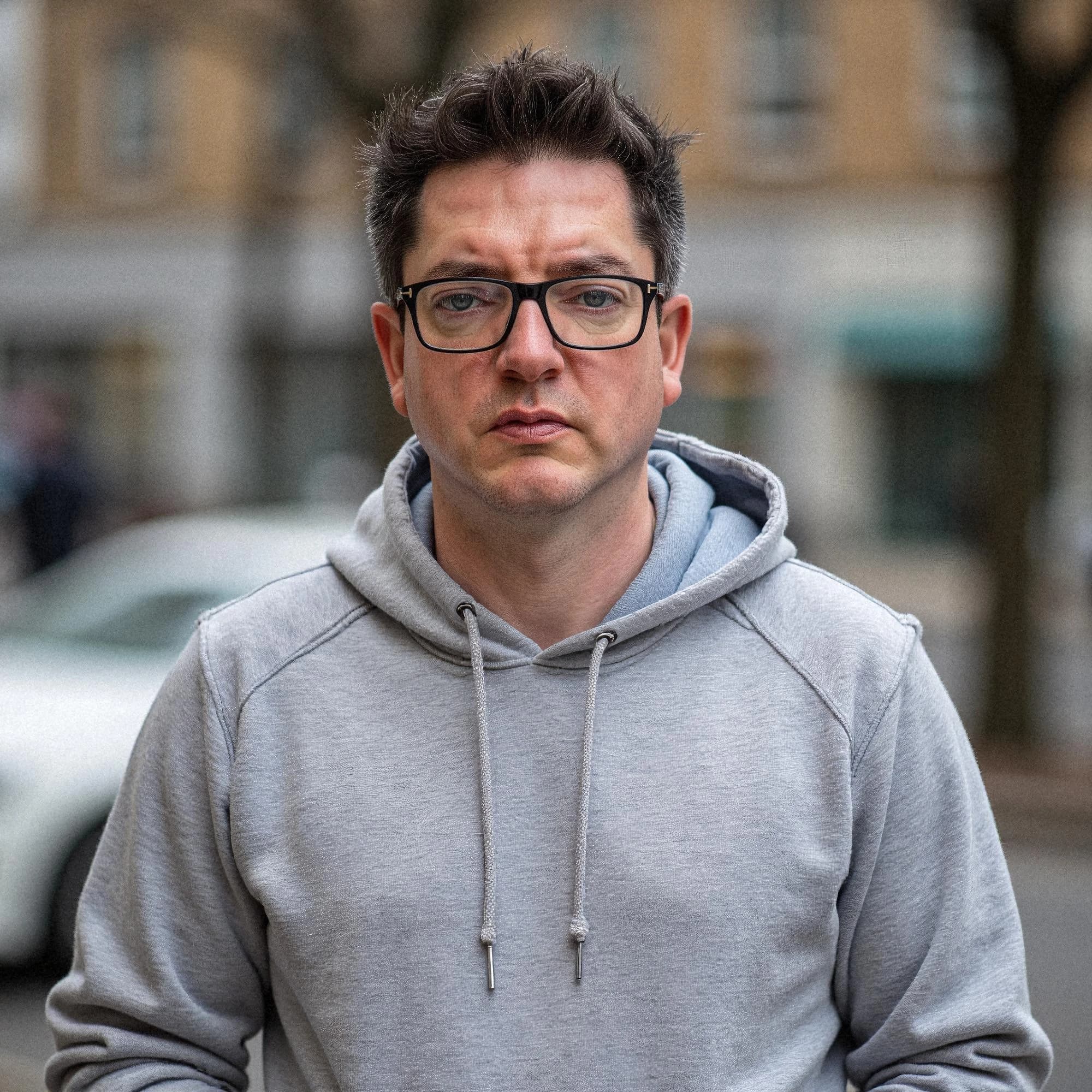 Professional headshot example: Man Street Gray Hoodie Standing 2 — LinkedInHeadshots.ai