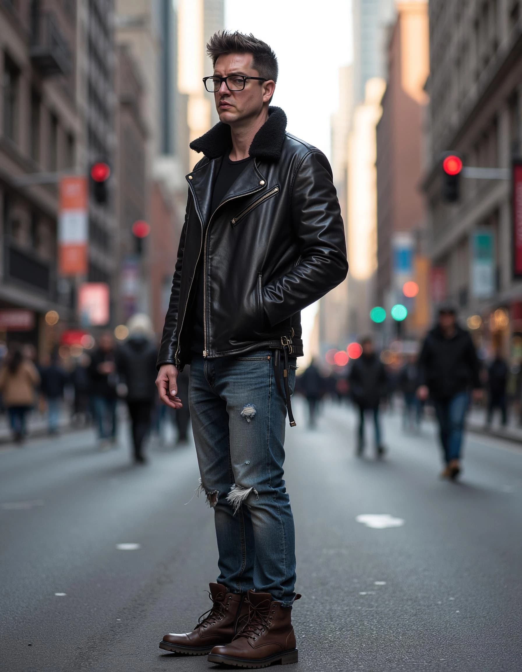 Professional headshot example: Man Street Leather Jacket Standing — LinkedInHeadshots.ai