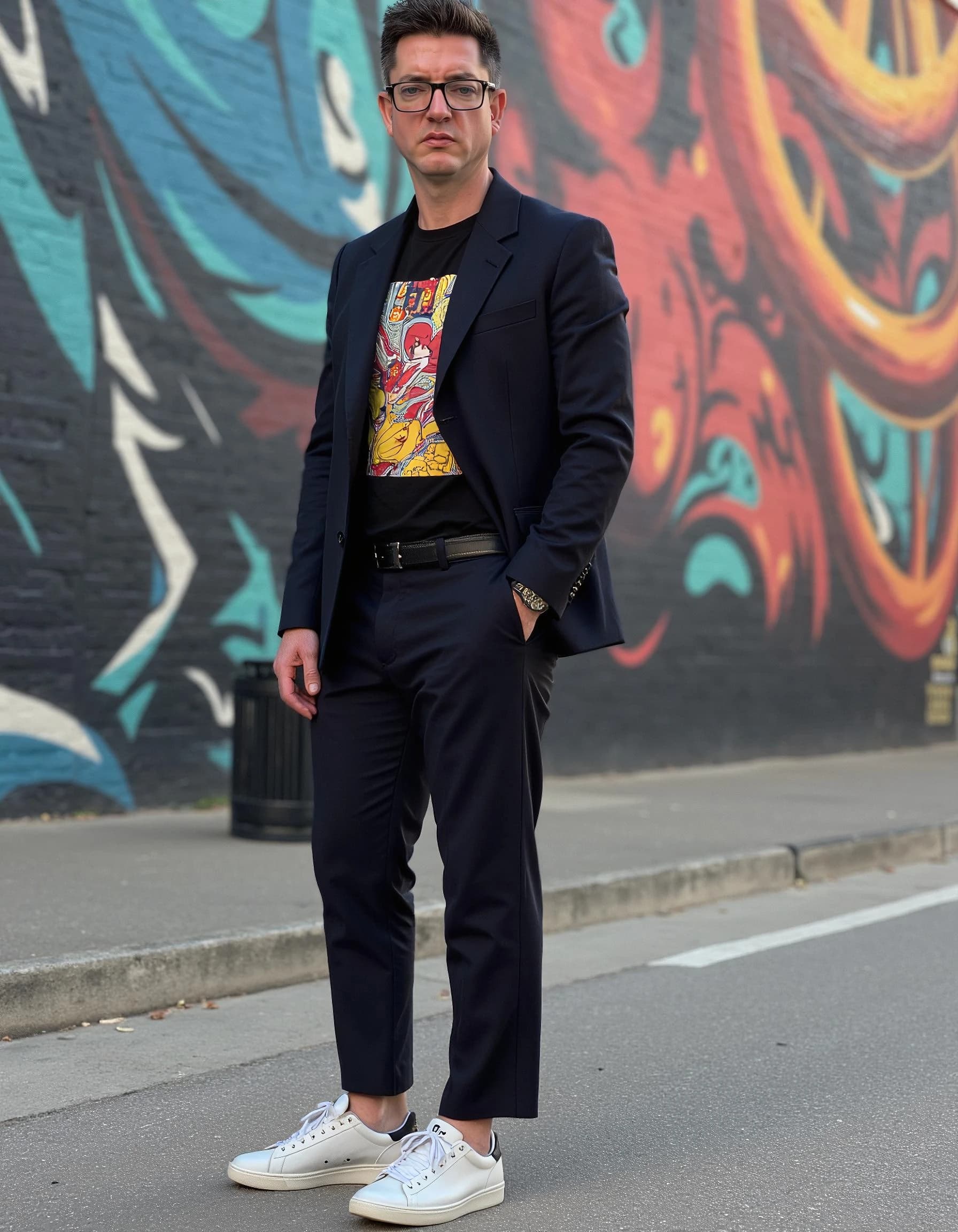 Professional headshot example: Man Street Suit Graphic Tshirt Standing — LinkedInHeadshots.ai