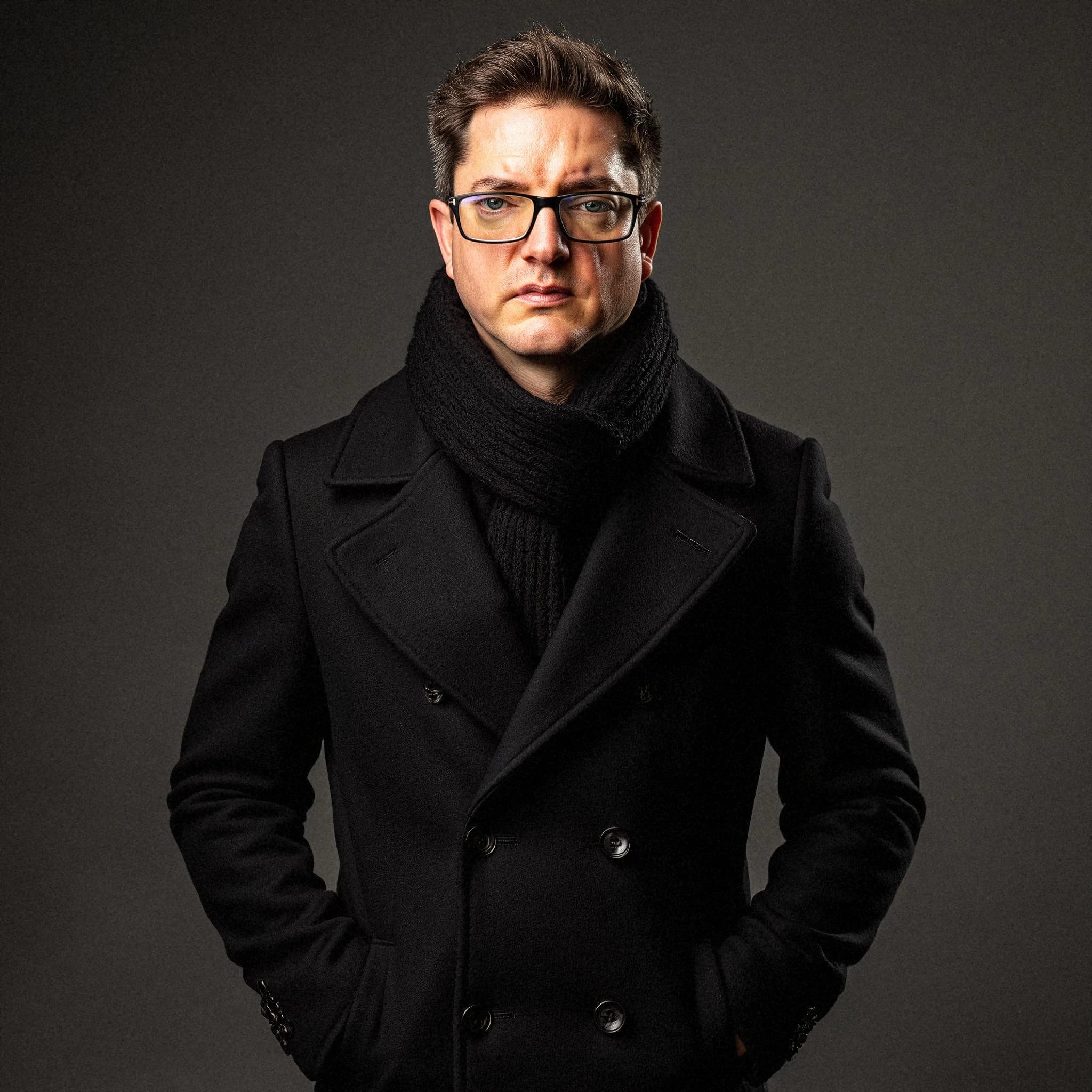 Professional headshot example: Man Studio Black Coat Standing — LinkedInHeadshots.ai