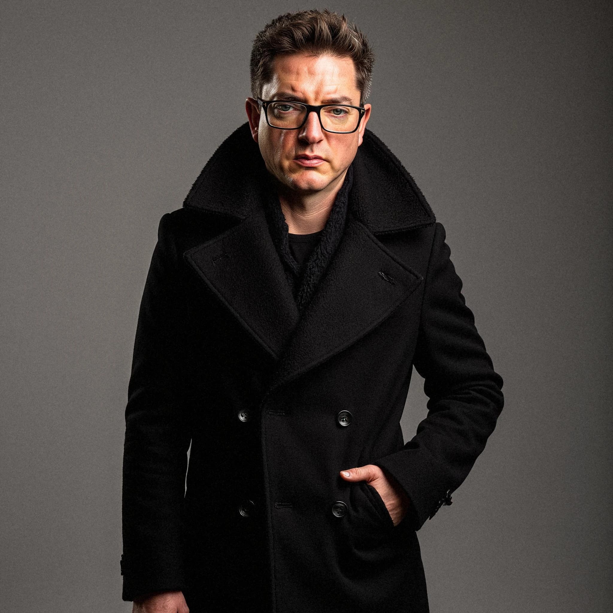 Professional headshot example: Man Studio Black Coat Standing 3 — LinkedInHeadshots.ai