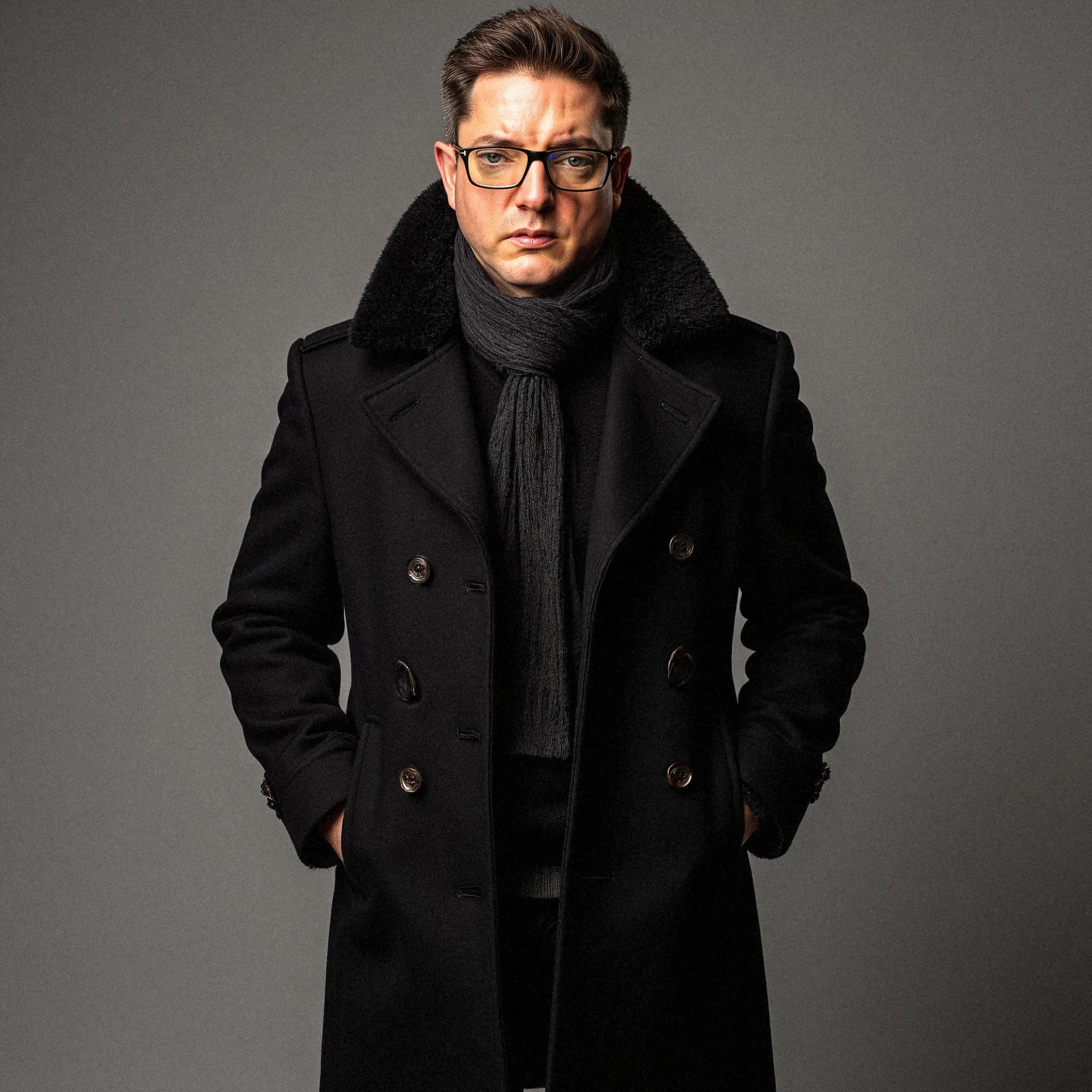 Professional headshot example: Man Studio Black Coat Standing 4 — LinkedInHeadshots.ai