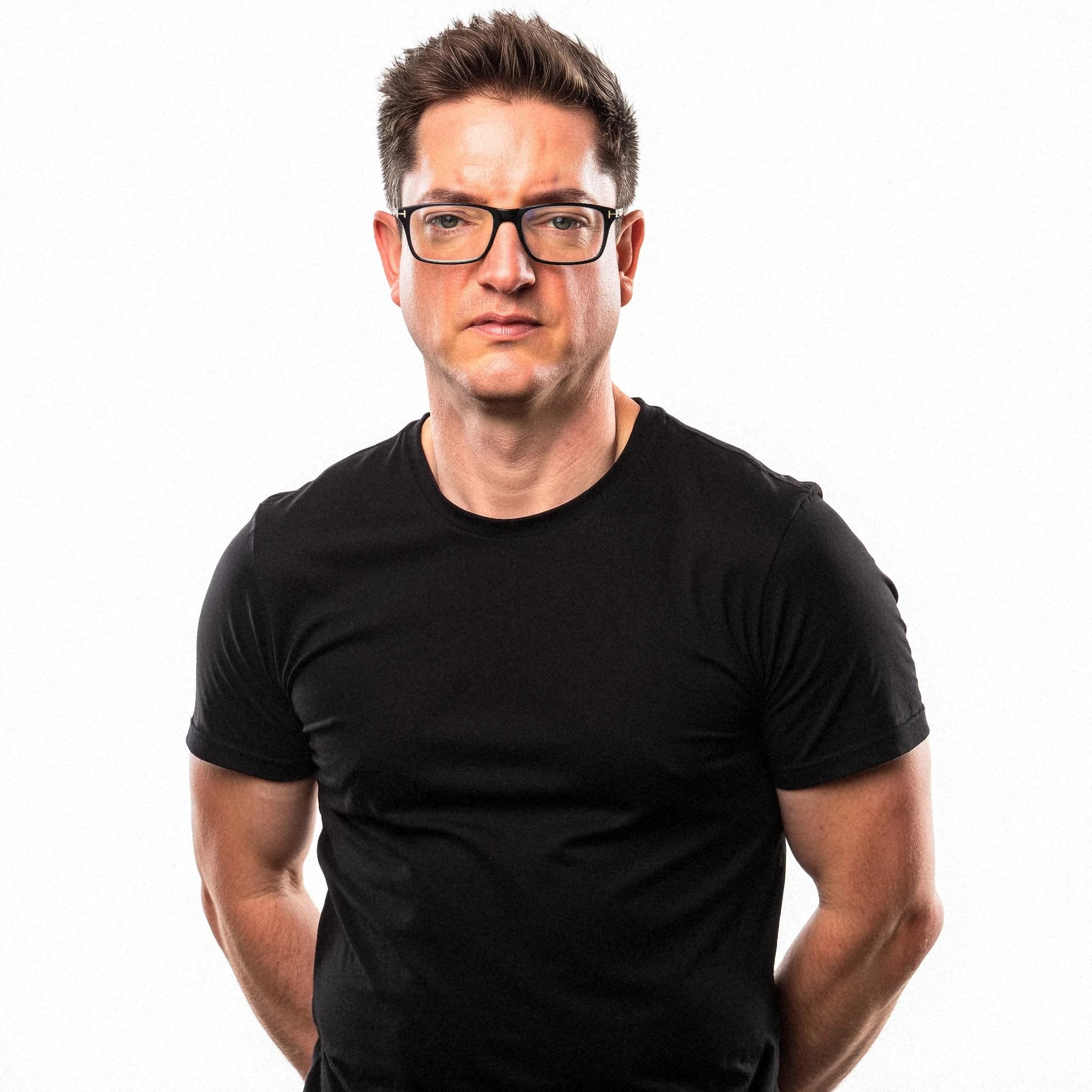 Professional headshot example: Man Studio Black Shirt Standing — LinkedInHeadshots.ai