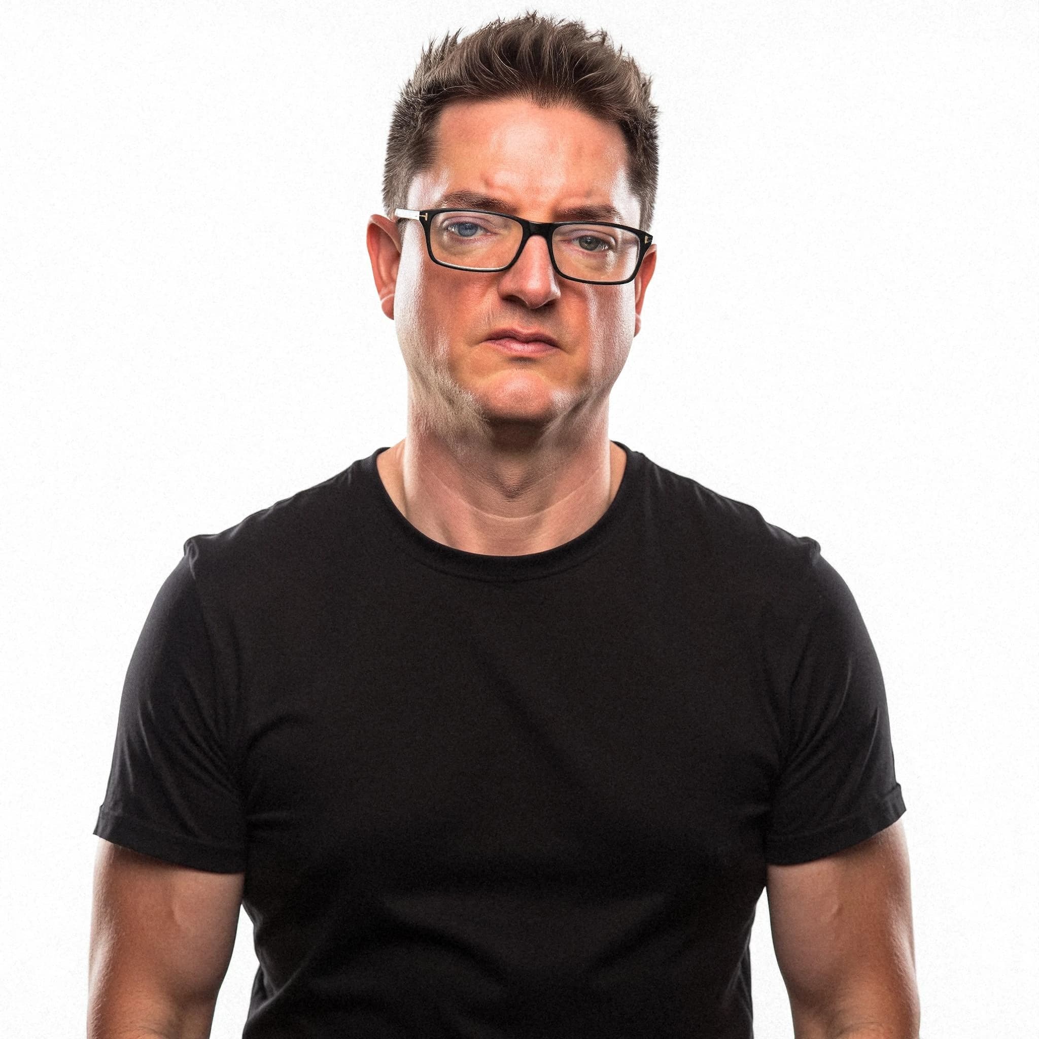Professional headshot example: Man Studio Black Shirt Standing 3 — LinkedInHeadshots.ai