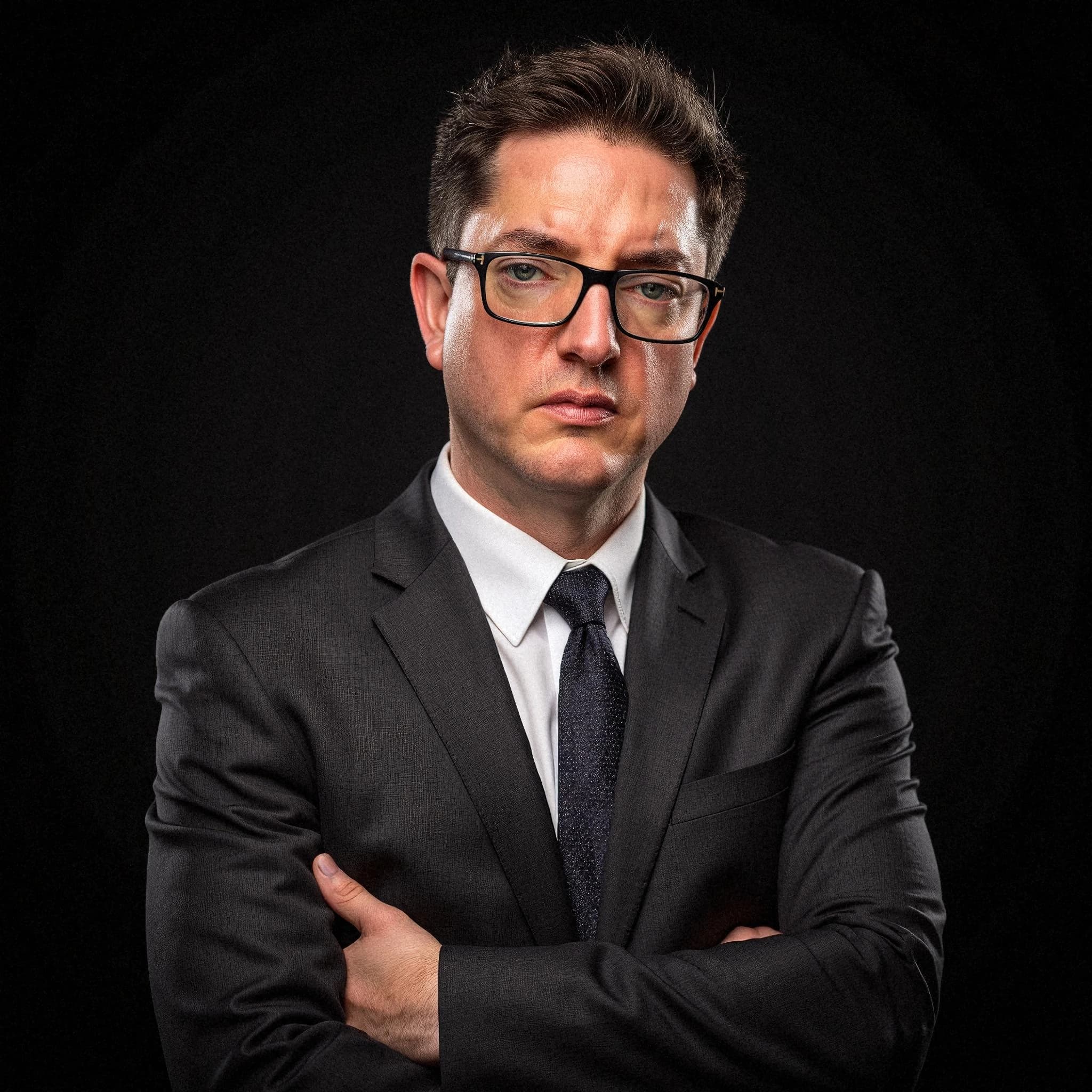 Professional headshot example: Man Studio Black Suit Crossed Arms — LinkedInHeadshots.ai