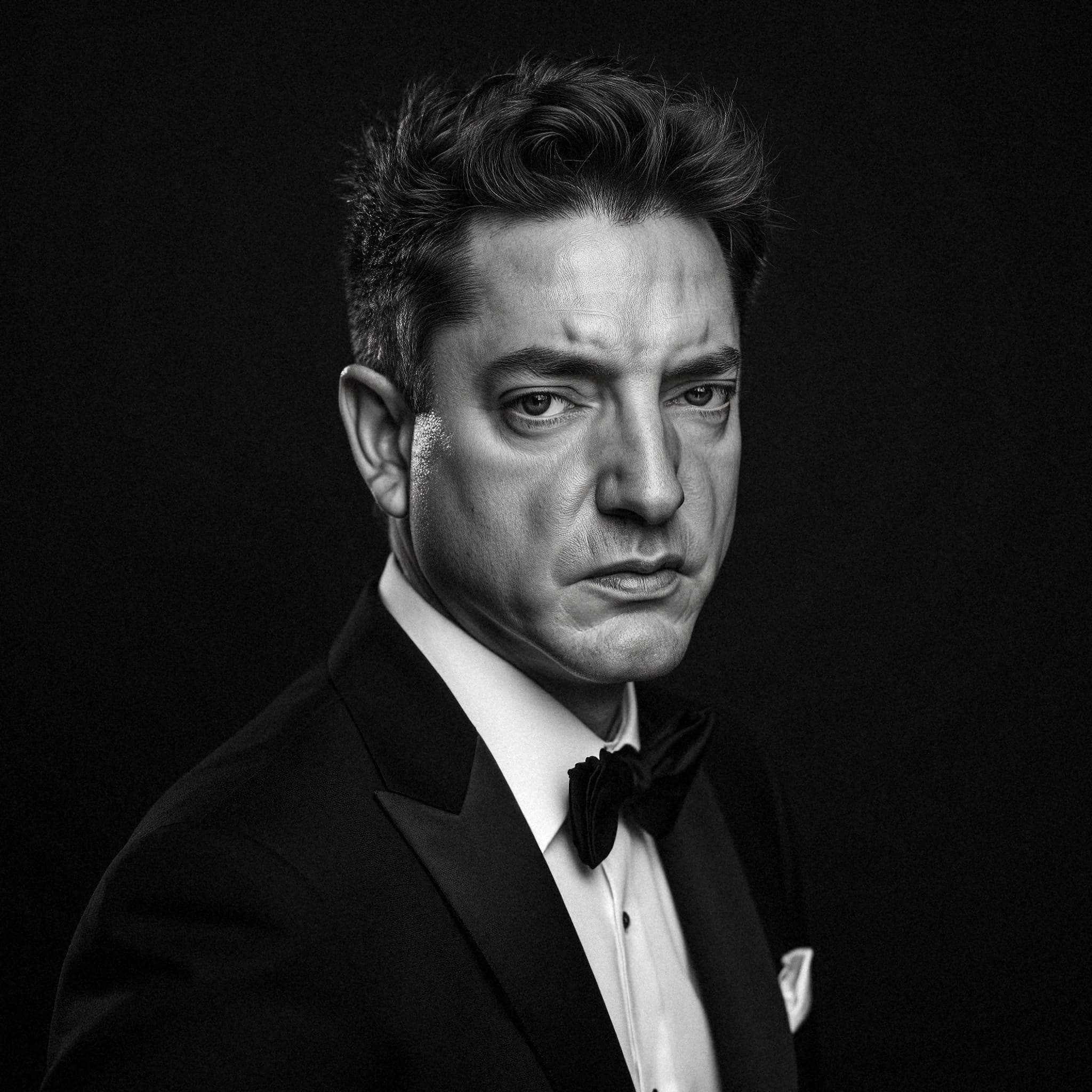 Professional headshot example: Man Studio Black Suit Serious 3 — LinkedInHeadshots.ai