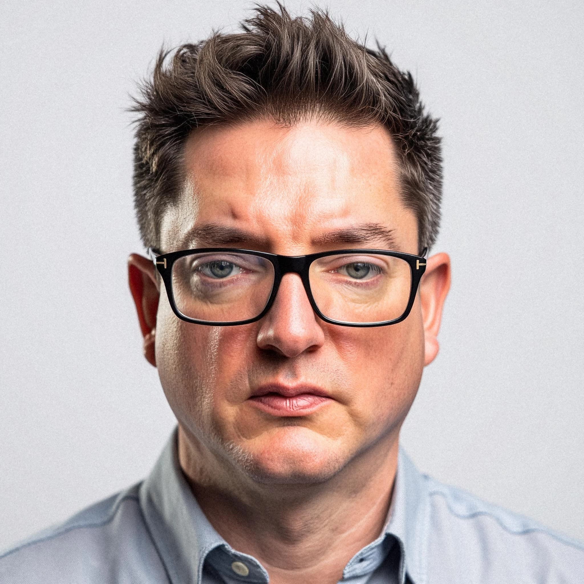 Professional headshot example: Man Studio Glasses Blue Shirt — LinkedInHeadshots.ai