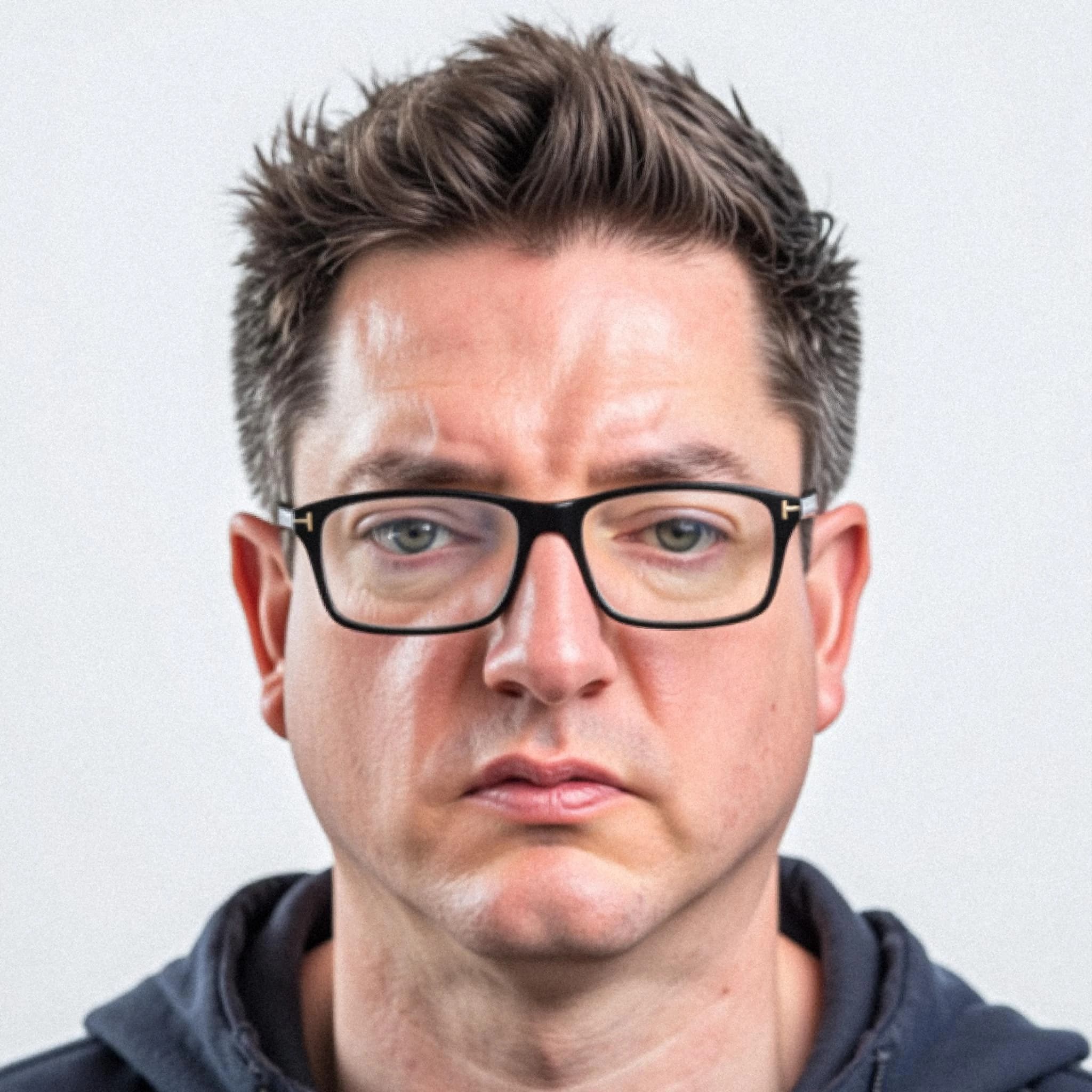 Professional headshot example: Man Studio Glasses Neutral Expression — LinkedInHeadshots.ai