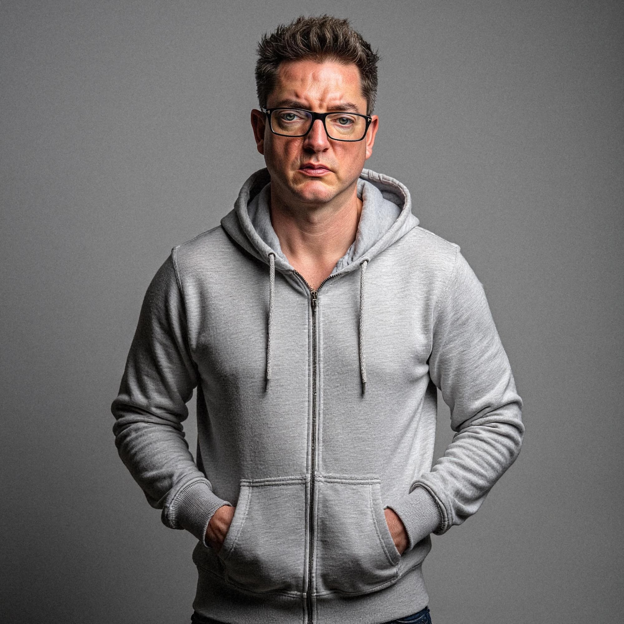 Professional headshot example: Man Studio Gray Hoodie Hands Pockets — LinkedInHeadshots.ai