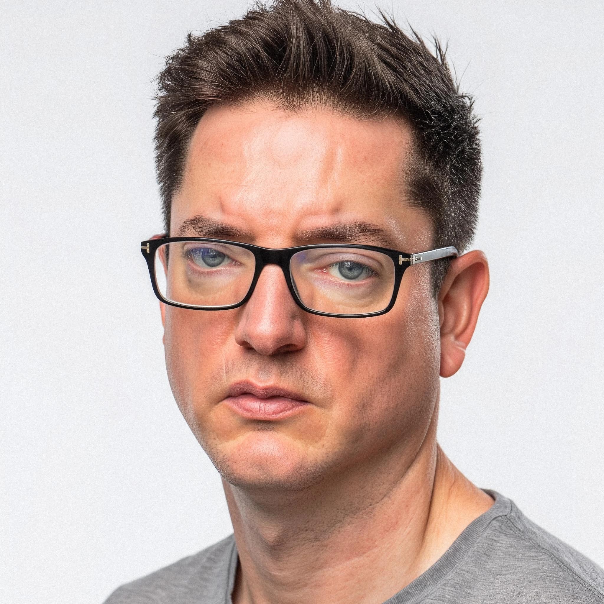 Professional headshot example: Man Studio Gray Shirt Glasses — LinkedInHeadshots.ai