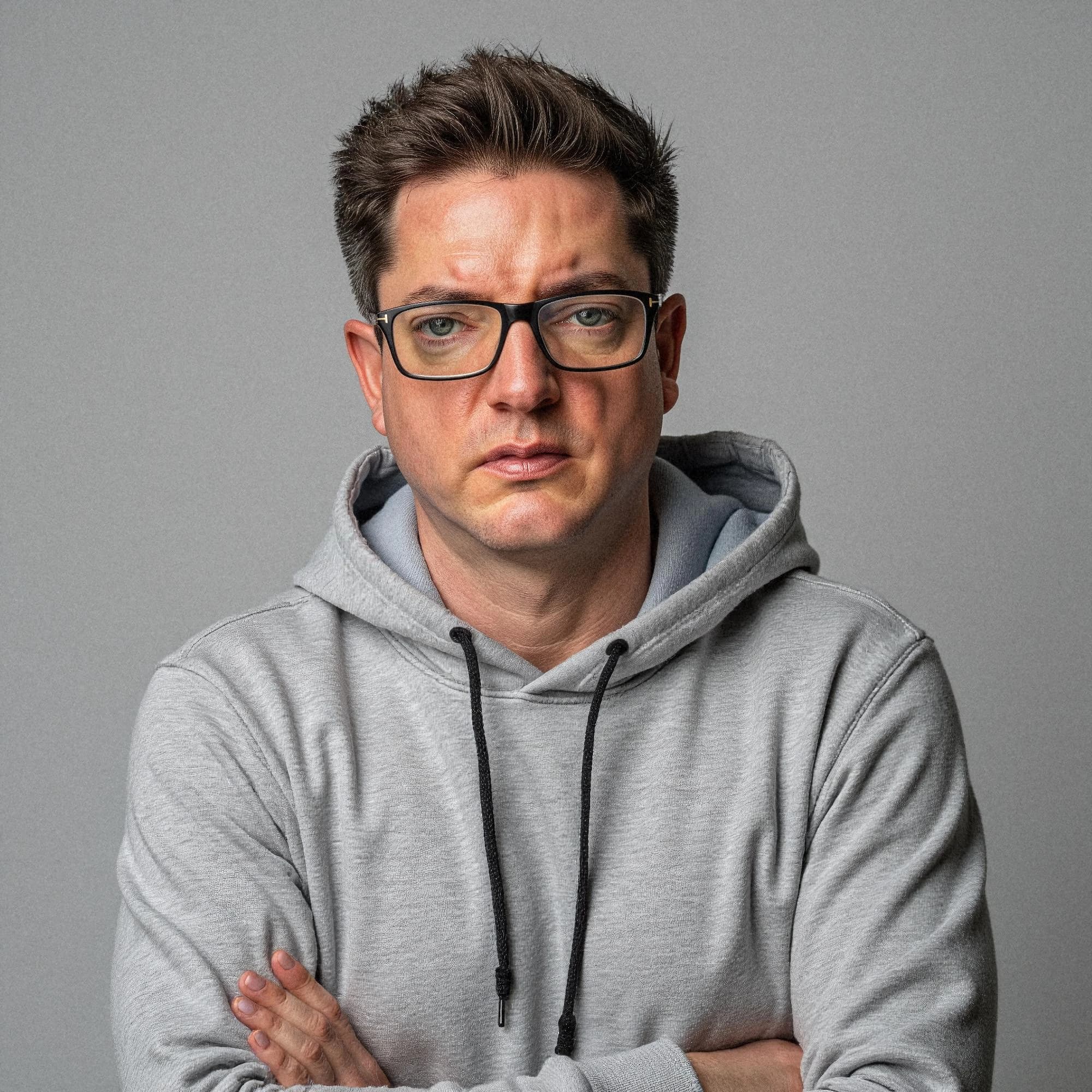 Professional headshot example: Man Studio Grey Hoodie Crossed Arms — LinkedInHeadshots.ai
