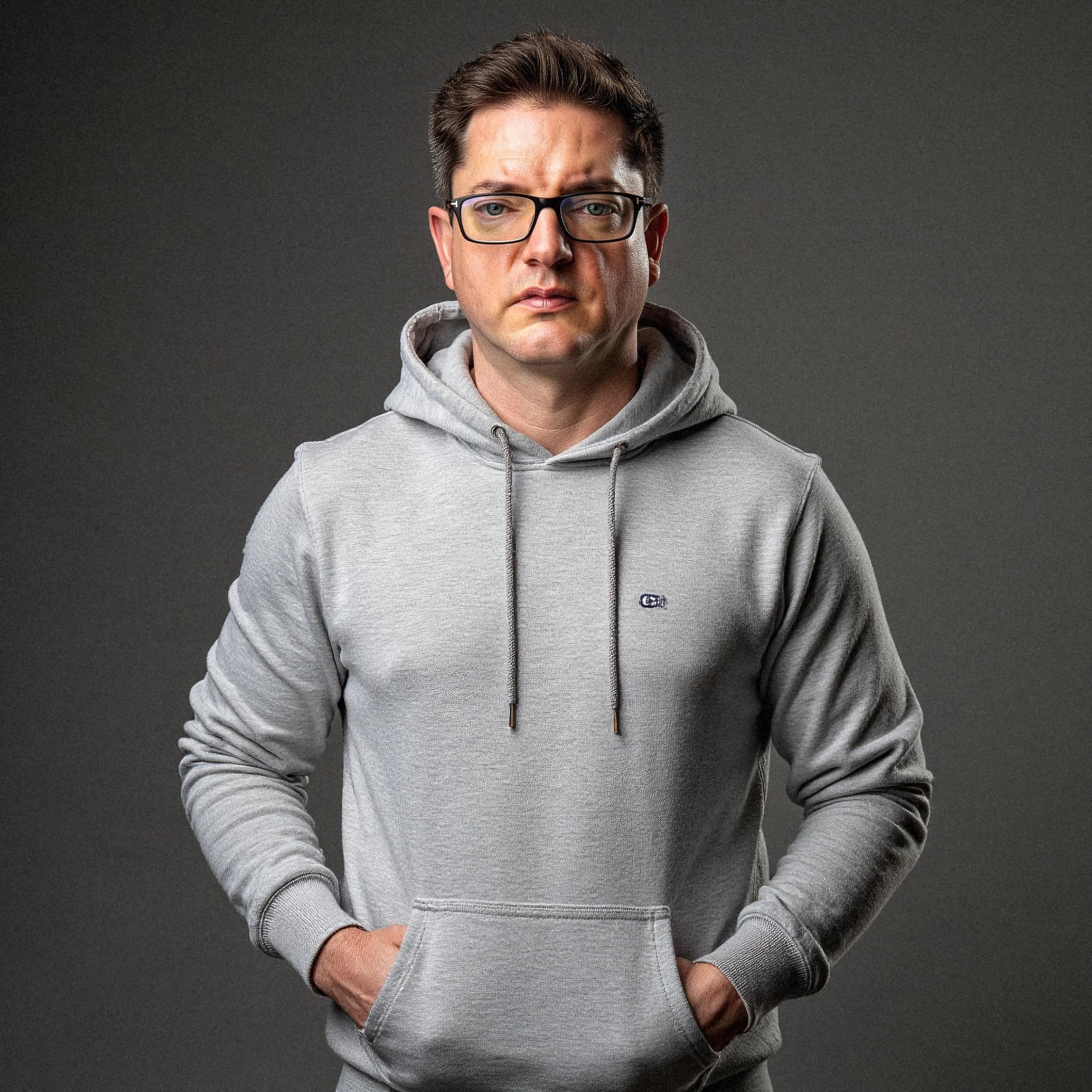 Professional headshot example: Man Studio Grey Hoodie Standing — LinkedInHeadshots.ai