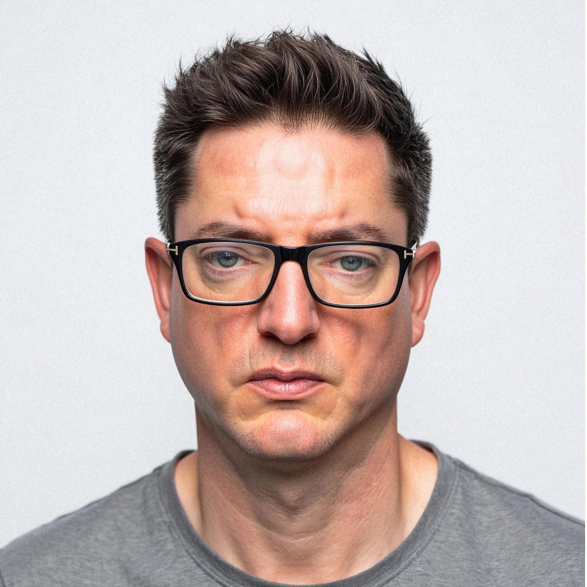 Professional headshot example: Man Studio Grey Shirt Glasses — LinkedInHeadshots.ai