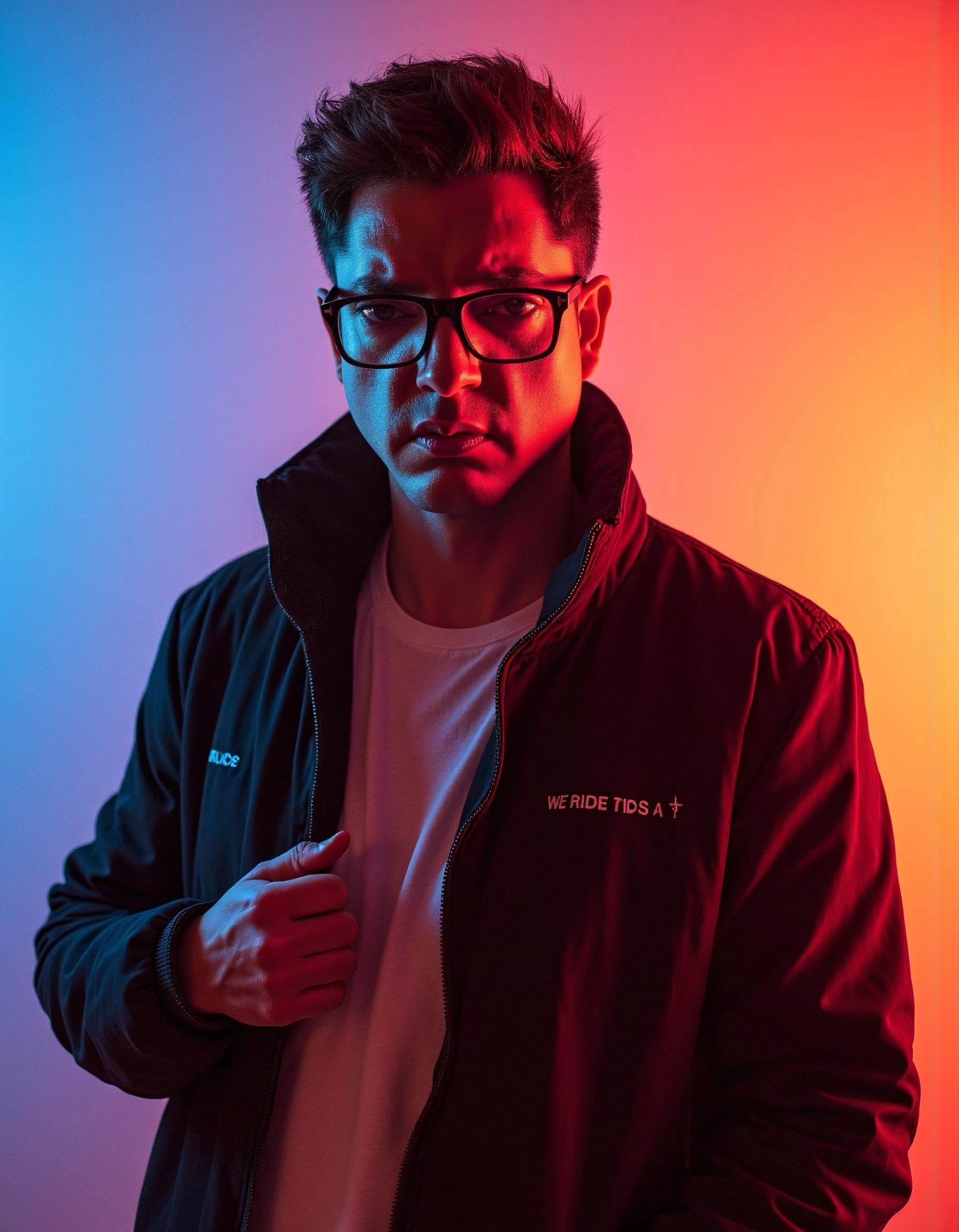 Professional headshot example: Man Studio Jacket Glasses Standing — LinkedInHeadshots.ai