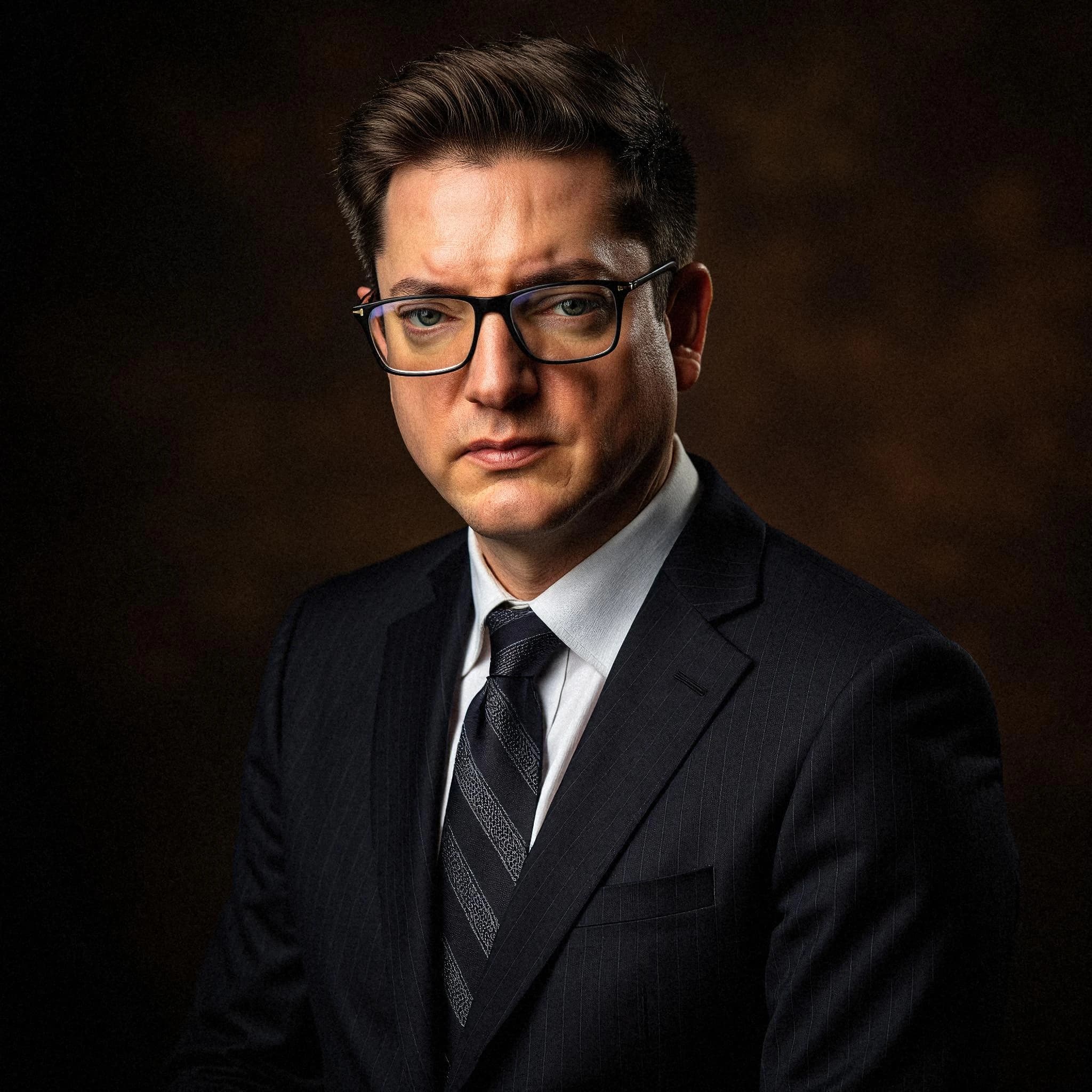Professional headshot example: Man Studio Suit Glasses Portrait — LinkedInHeadshots.ai