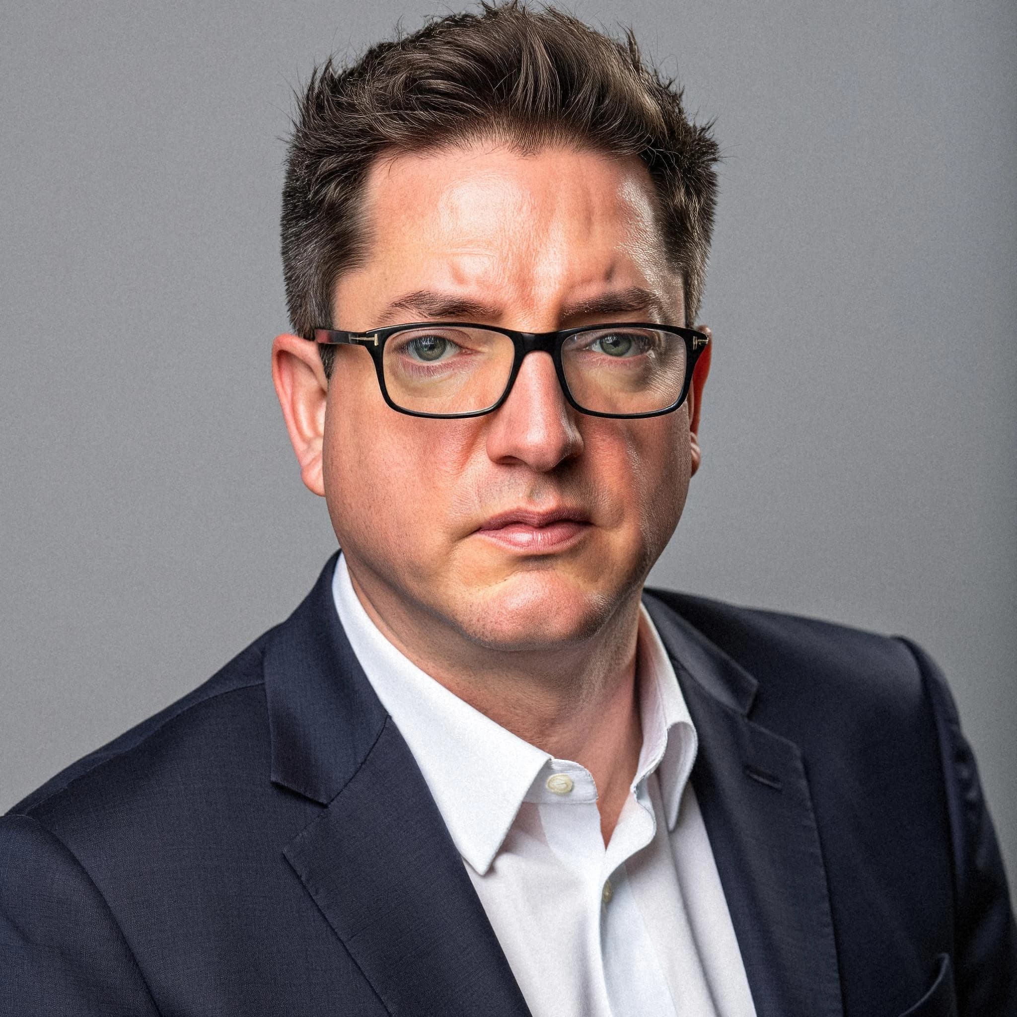Professional headshot example: Man Studio Suit Glasses Portrait 7 — LinkedInHeadshots.ai
