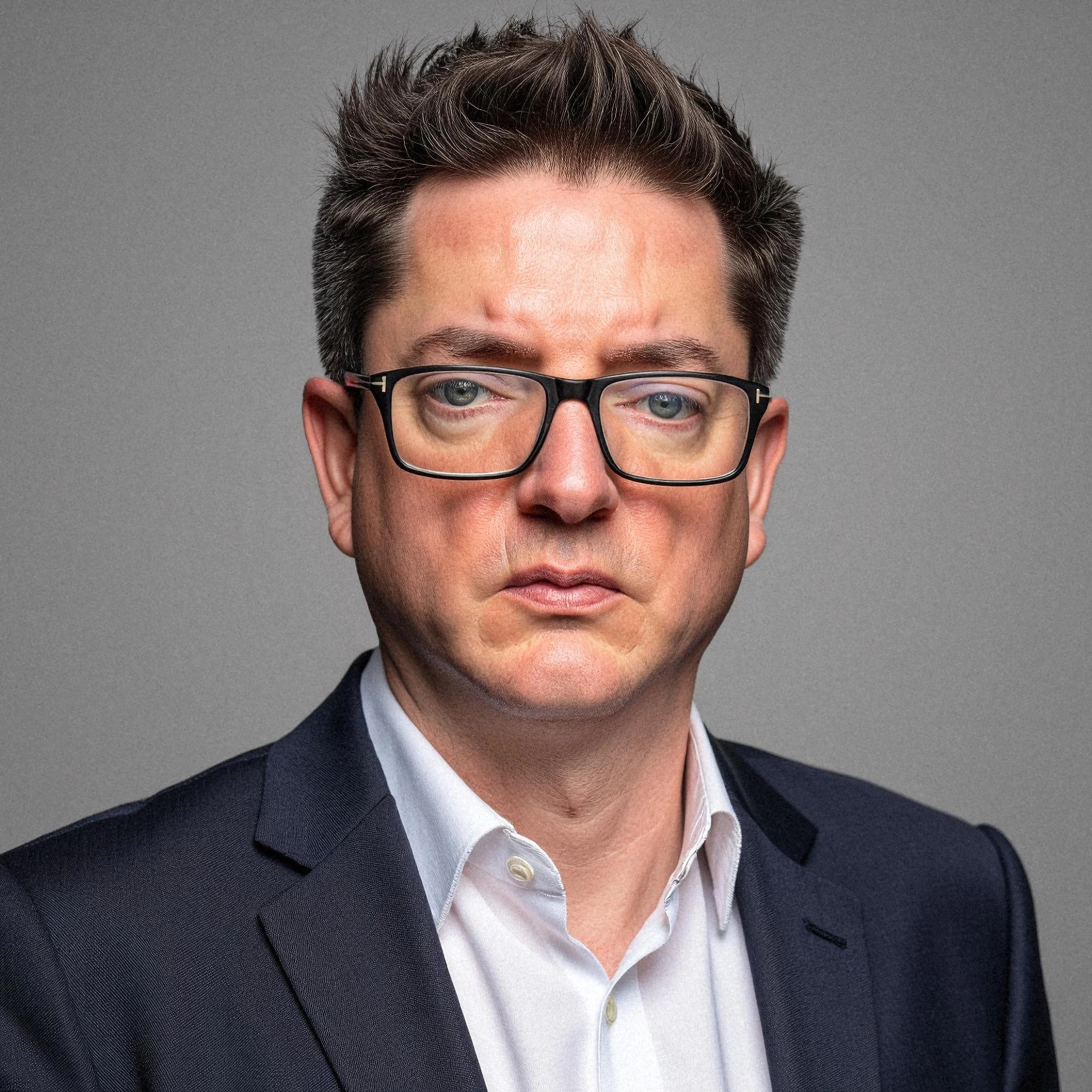 Professional headshot example: Man Studio Suit Glasses Serious — LinkedInHeadshots.ai