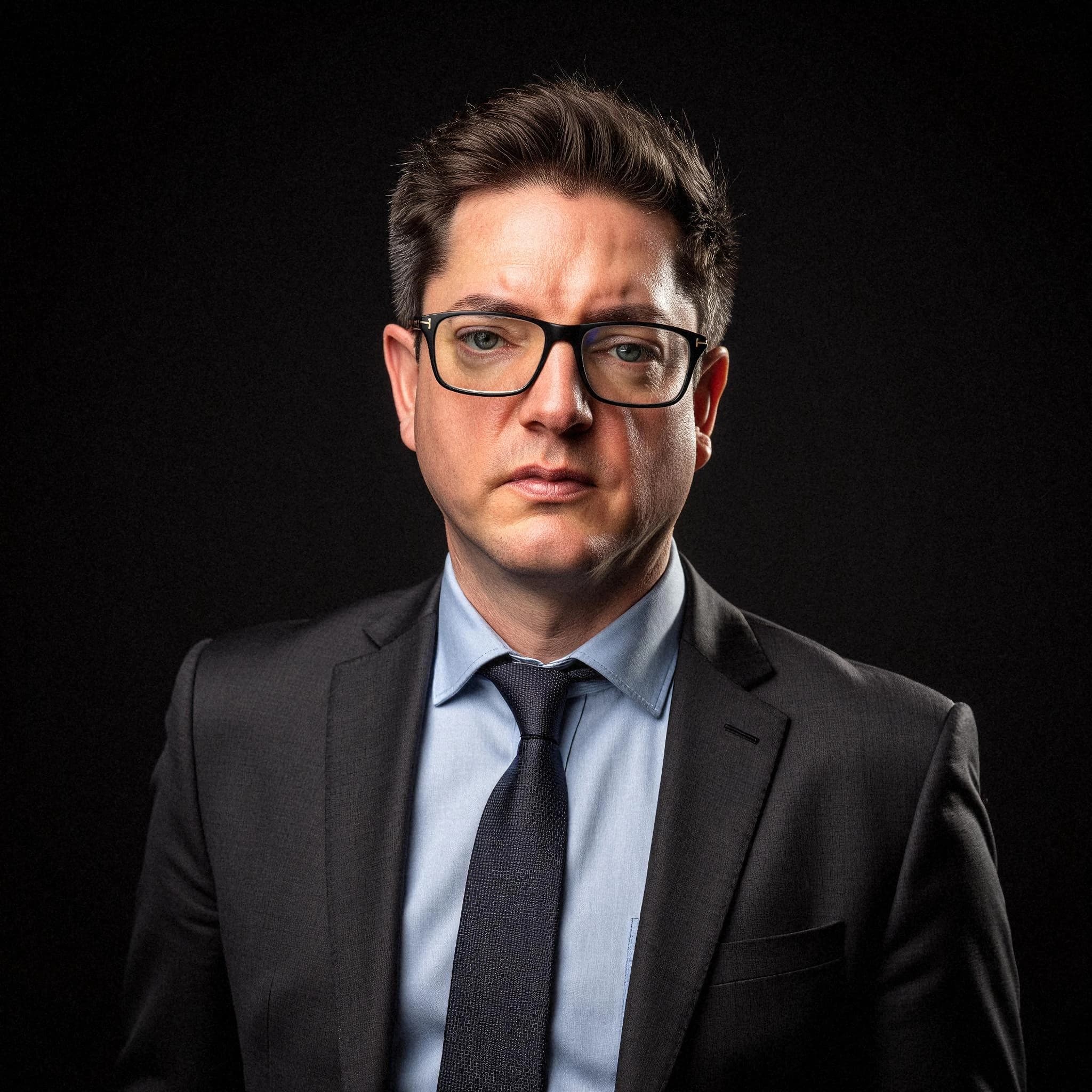Professional headshot example: Man Studio Suit Glasses Serious 13 — LinkedInHeadshots.ai