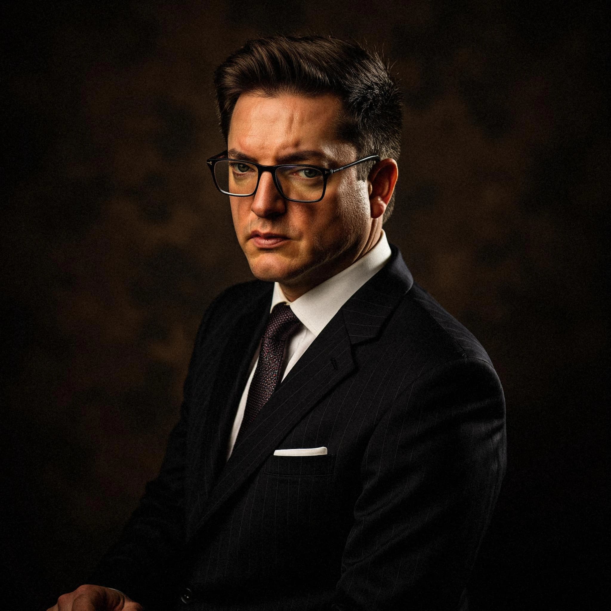 Professional headshot example: Man Studio Suit Glasses Serious 15 — LinkedInHeadshots.ai