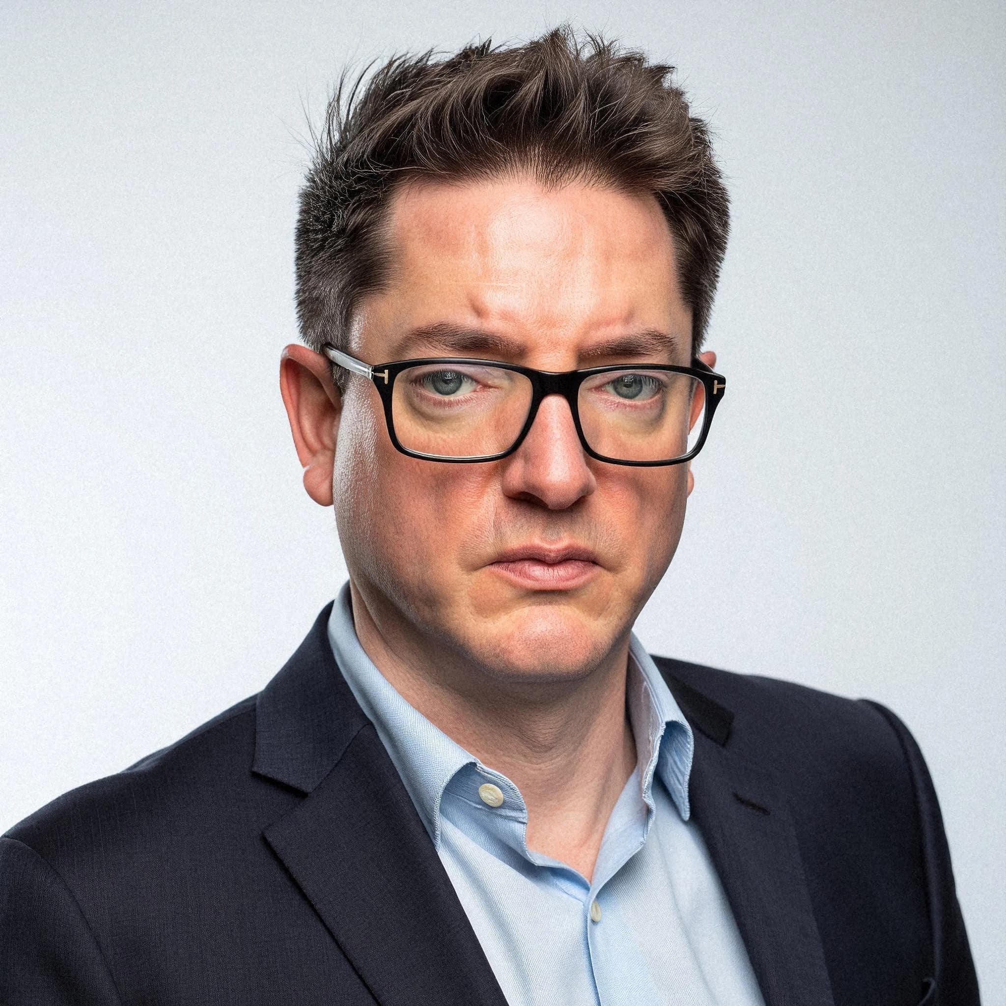 Professional headshot example: Man Studio Suit Glasses Serious 2 — LinkedInHeadshots.ai