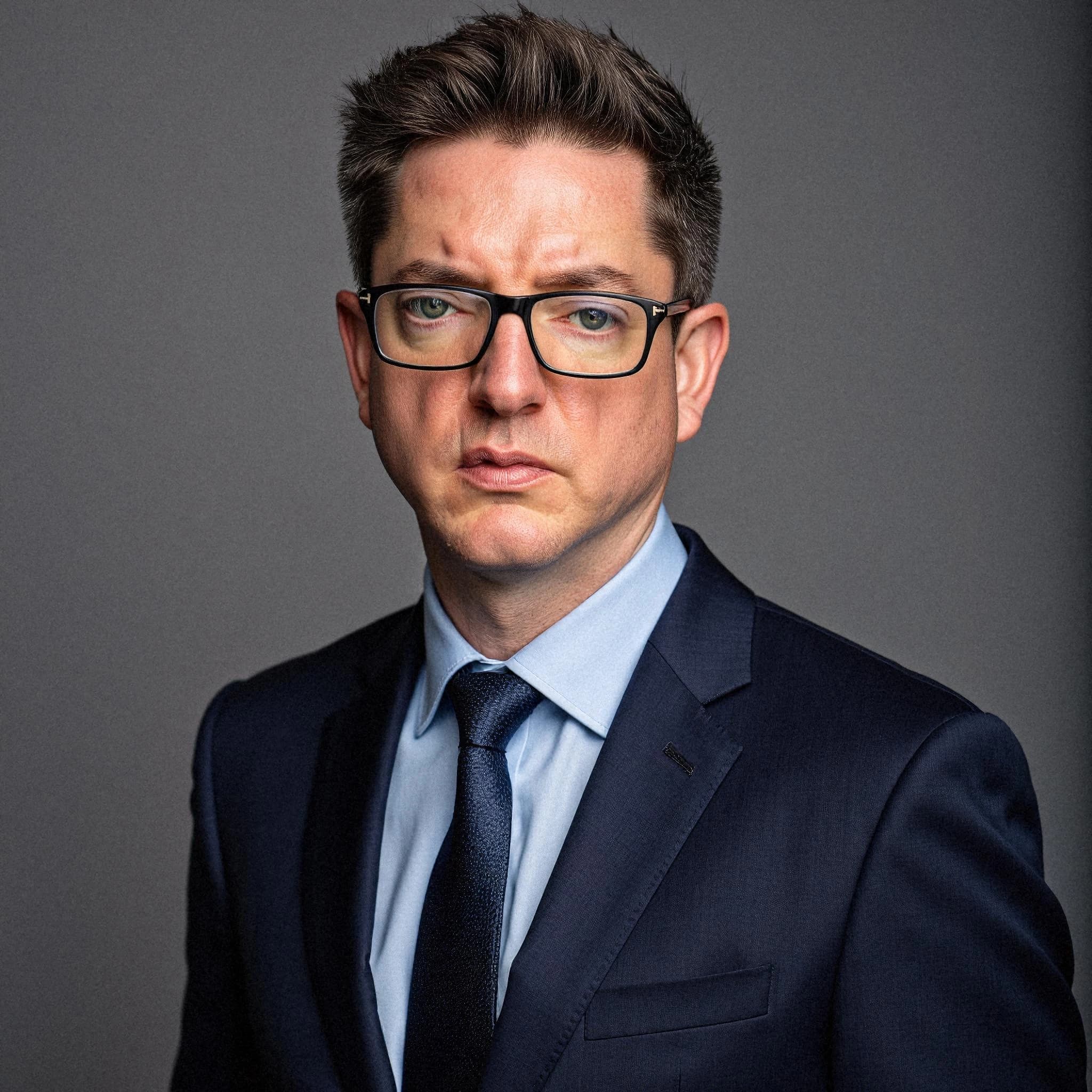 Professional headshot example: Man Studio Suit Glasses Serious 3 — LinkedInHeadshots.ai