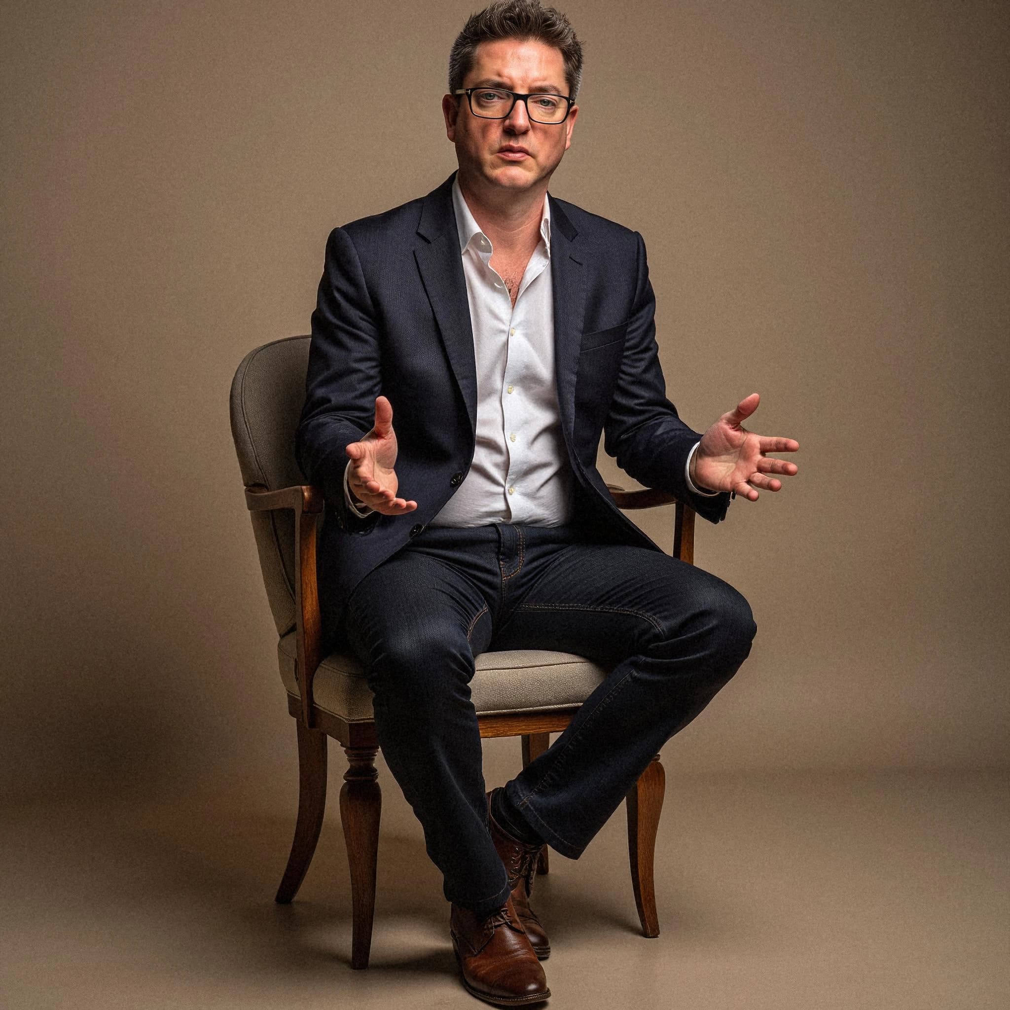 Professional headshot example: Man Studio Suit Sitting Chair 4 — LinkedInHeadshots.ai