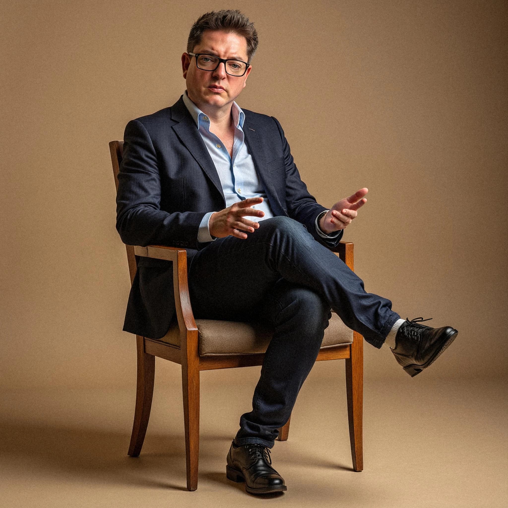 Professional headshot example: Man Studio Suit Sitting Chair 5 — LinkedInHeadshots.ai