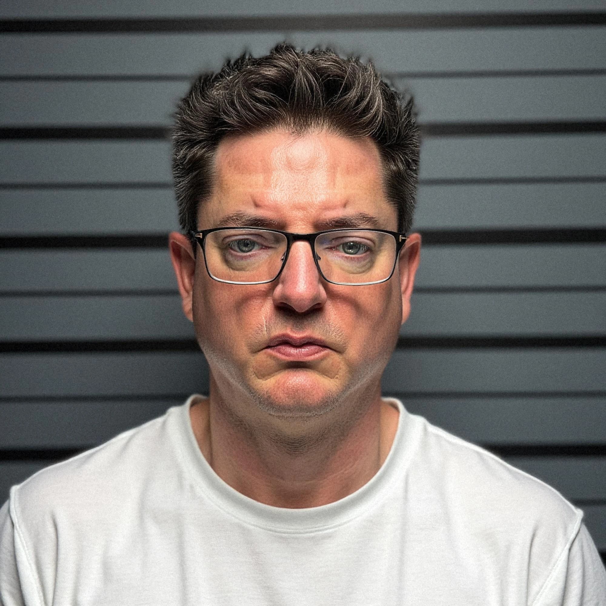 Professional headshot example: Man Studio White Shirt Glasses — LinkedInHeadshots.ai