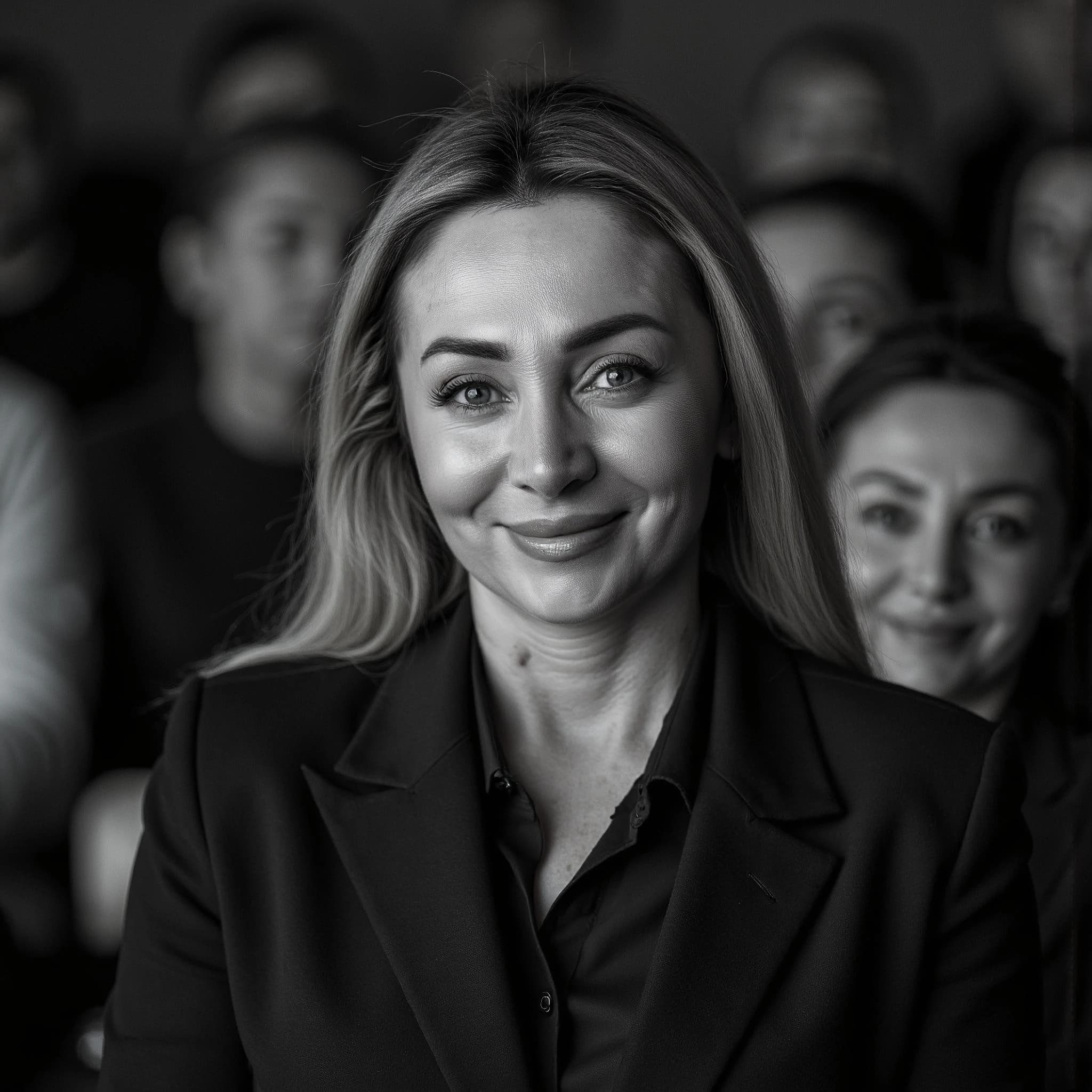 Professional headshot example: Woman Audience Black Jacket Smiling — LinkedInHeadshots.ai