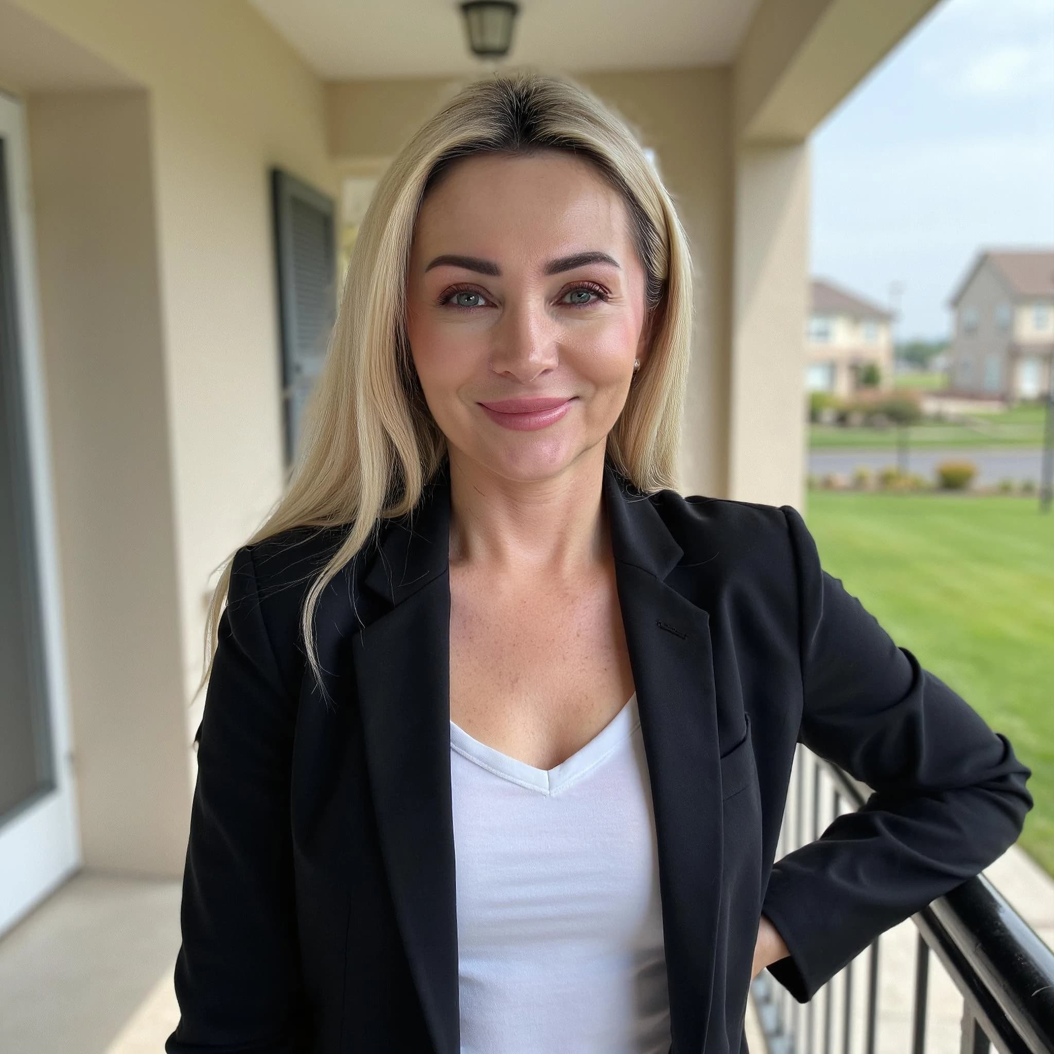Professional headshot example: Woman Balcony Black Blazer Smiling — LinkedInHeadshots.ai