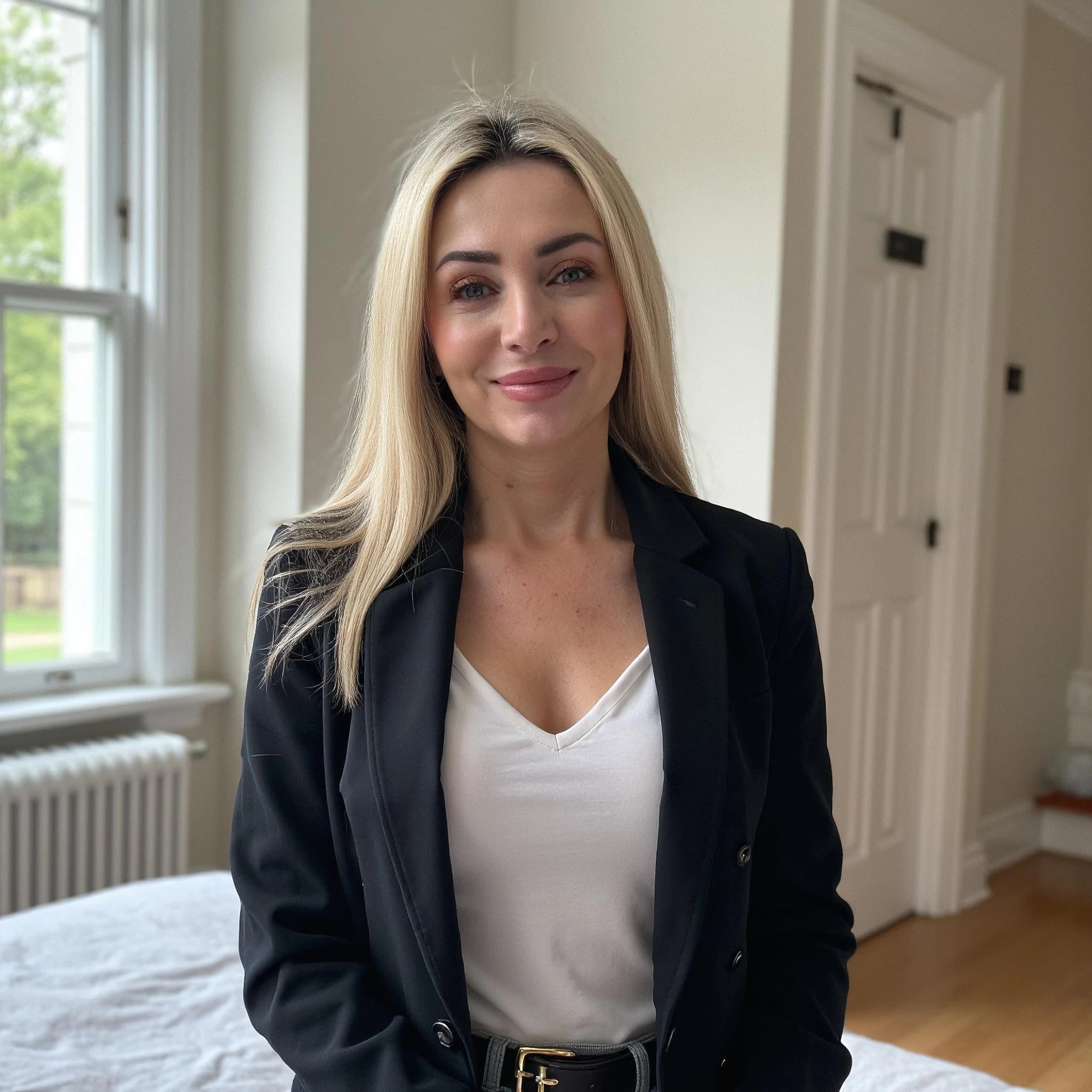 Professional headshot example: Woman Bedroom Black Blazer Smiling — LinkedInHeadshots.ai
