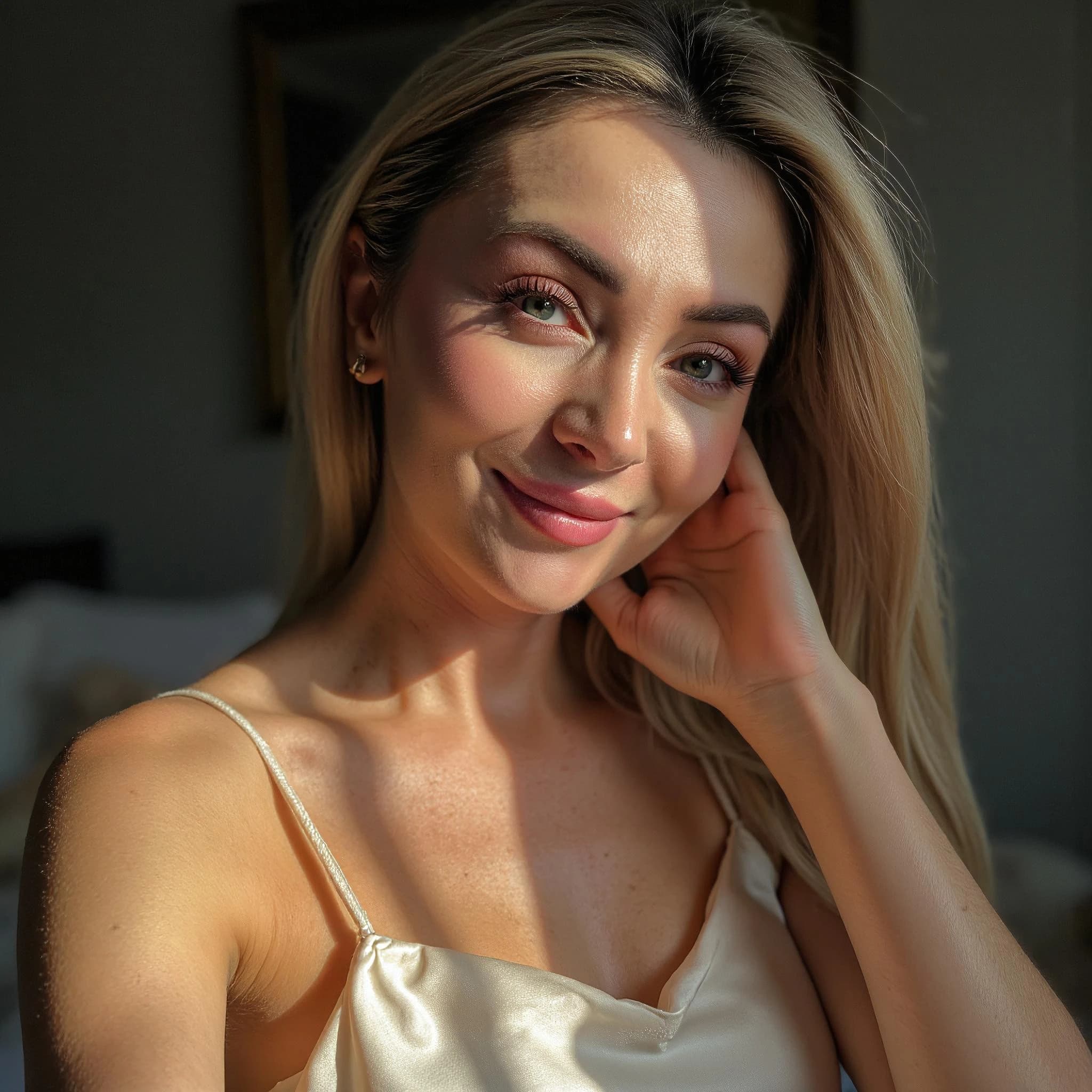 Professional headshot example: Woman Bedroom Silk Top Smiling — LinkedInHeadshots.ai