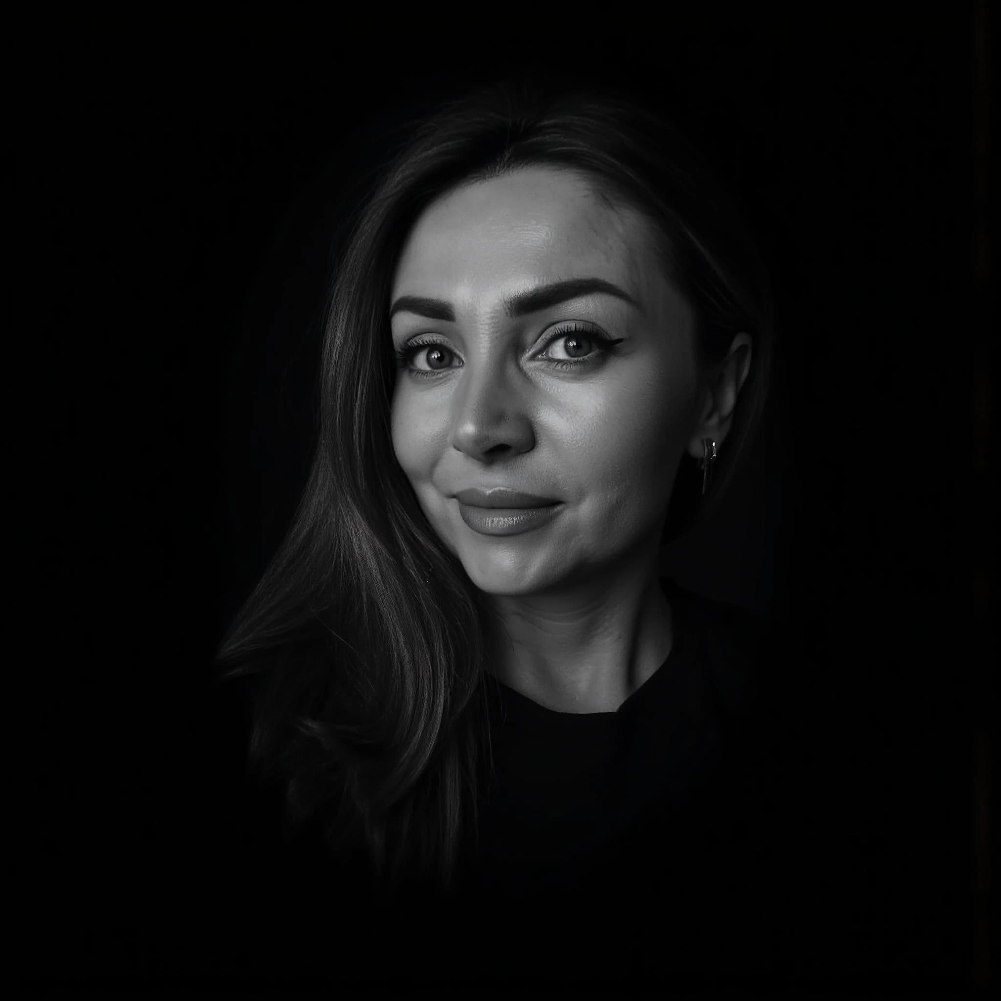 Professional headshot example: Woman Black Background Smiling Headshot — LinkedInHeadshots.ai