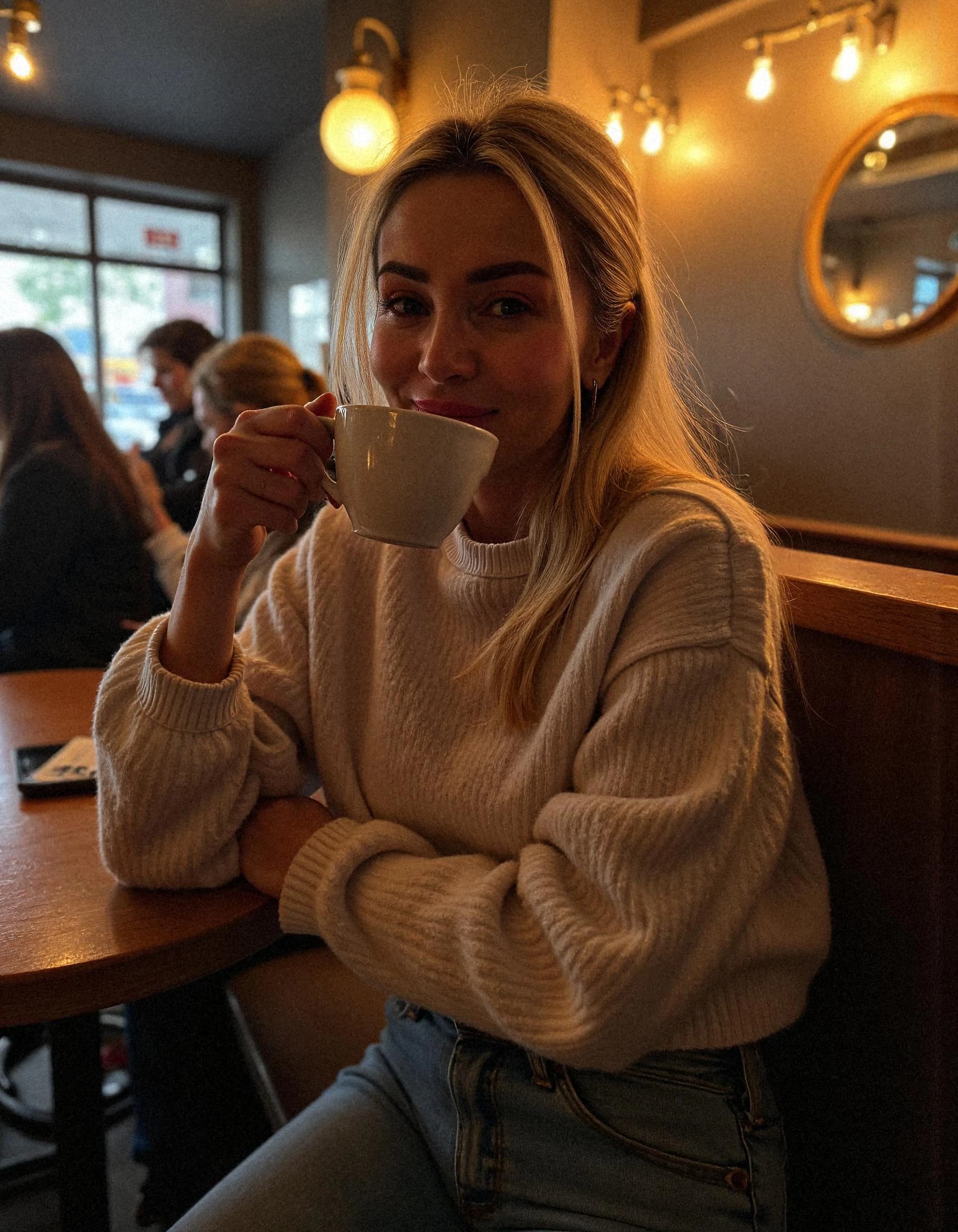 Professional headshot example: Woman Cafe White Sweater Drinking Coffee — LinkedInHeadshots.ai