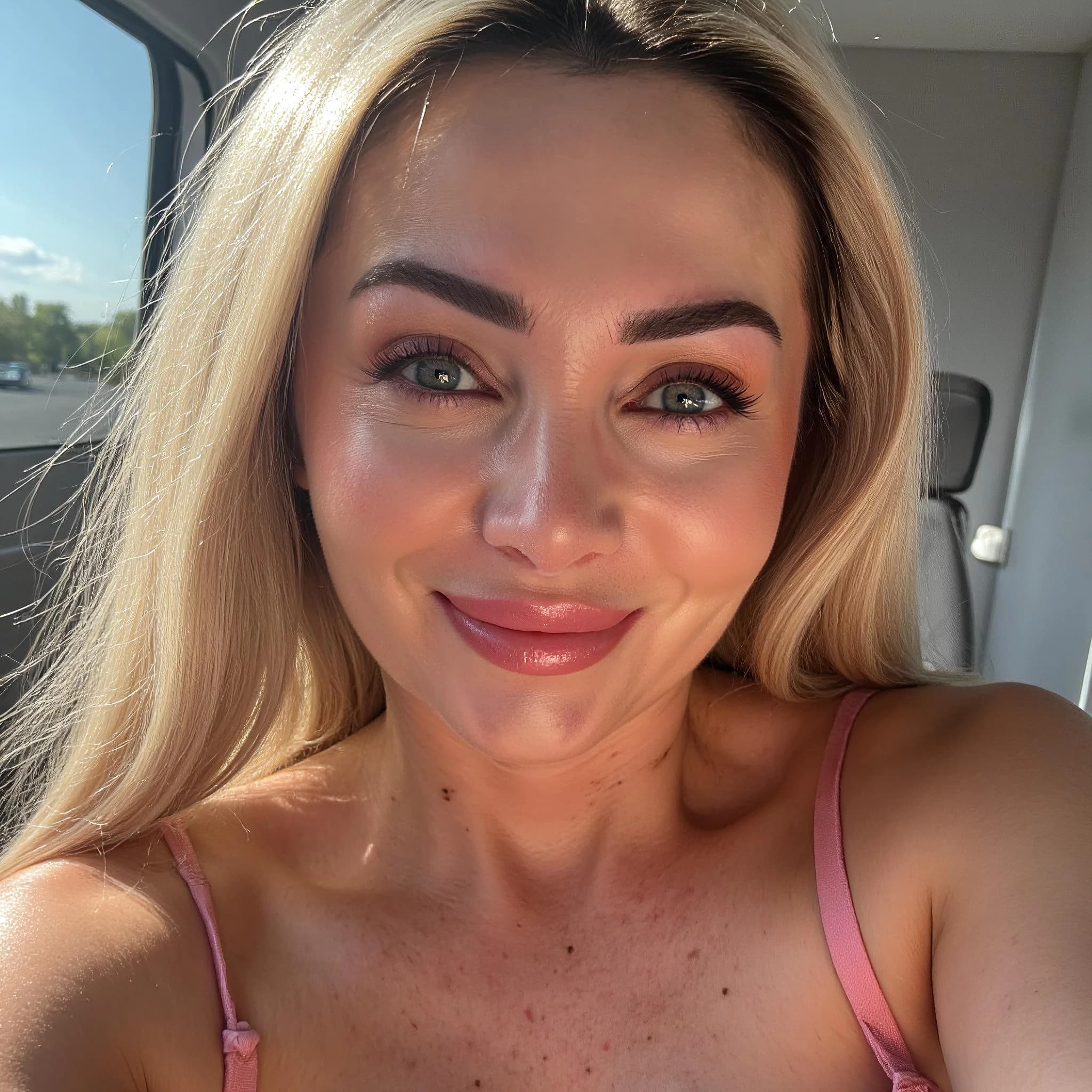 Professional headshot example: Woman Car Pink Top Smiling — LinkedInHeadshots.ai