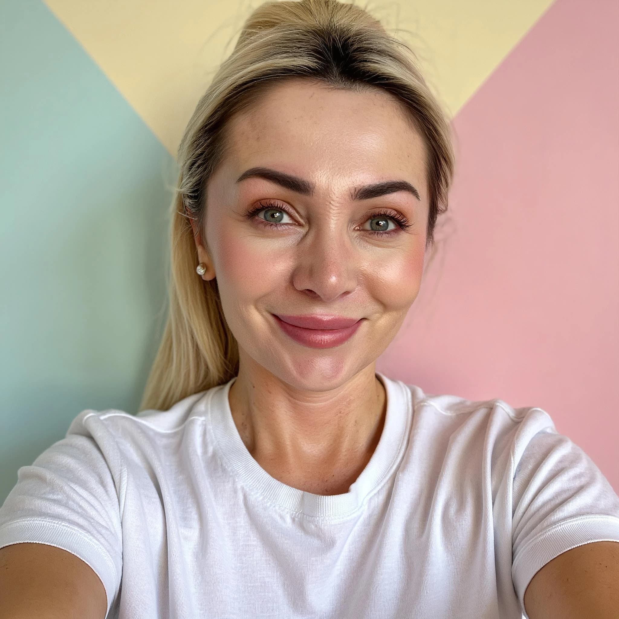 Professional headshot example: Woman Colorful Background White Shirt Smiling — LinkedInHeadshots.ai