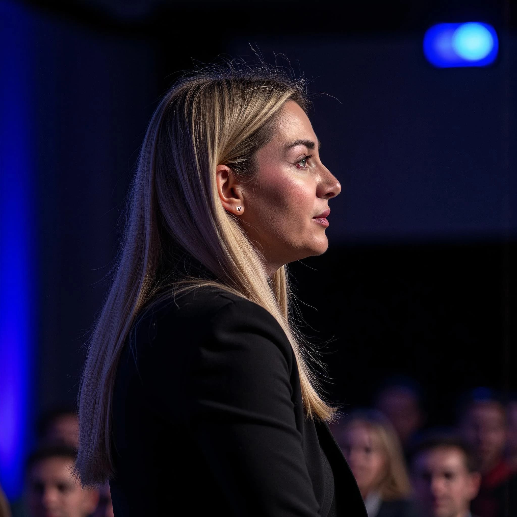 Professional headshot example: Woman Conference Black Blazer Sideview — LinkedInHeadshots.ai