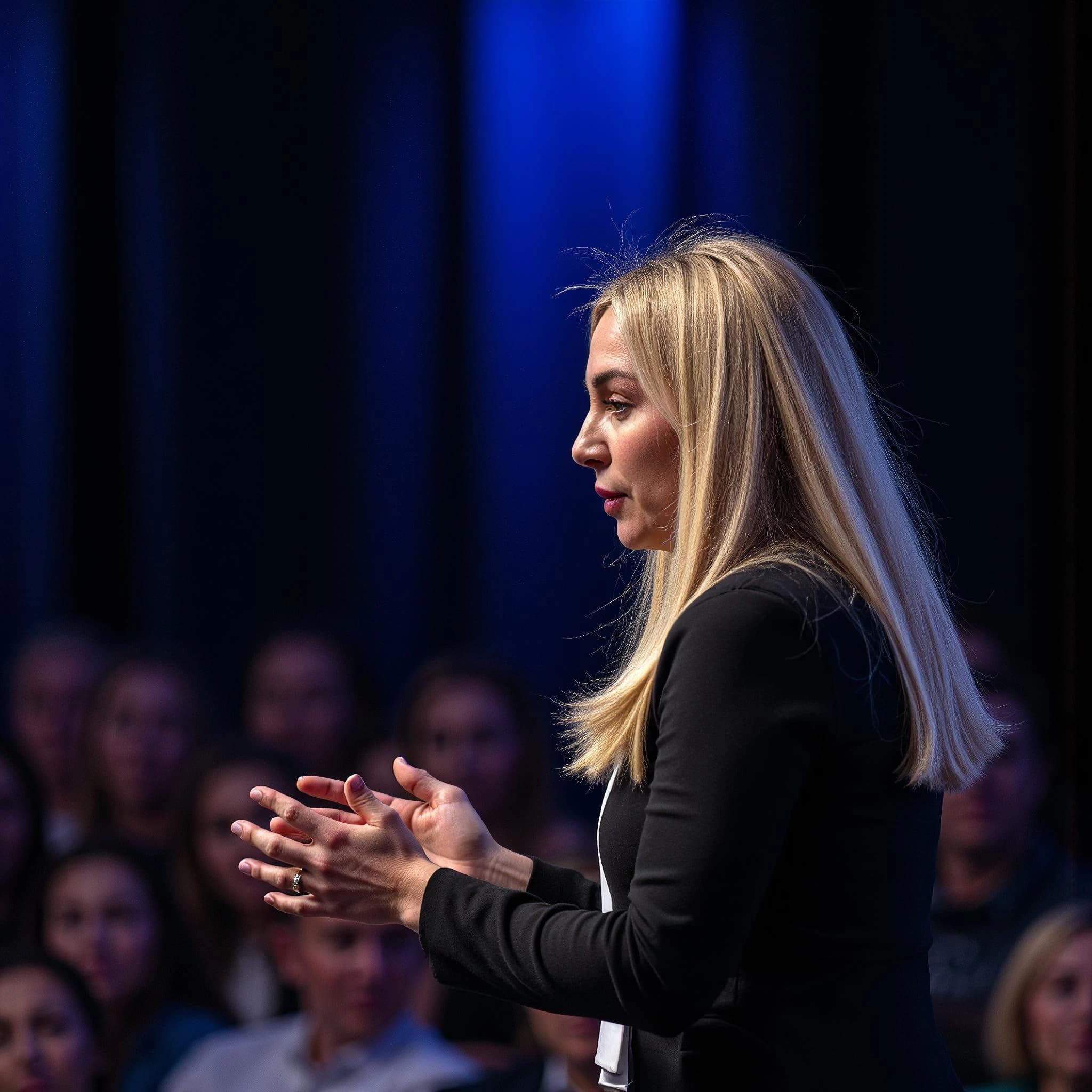 Professional headshot example: Woman Conference Black Blazer Speaking — LinkedInHeadshots.ai