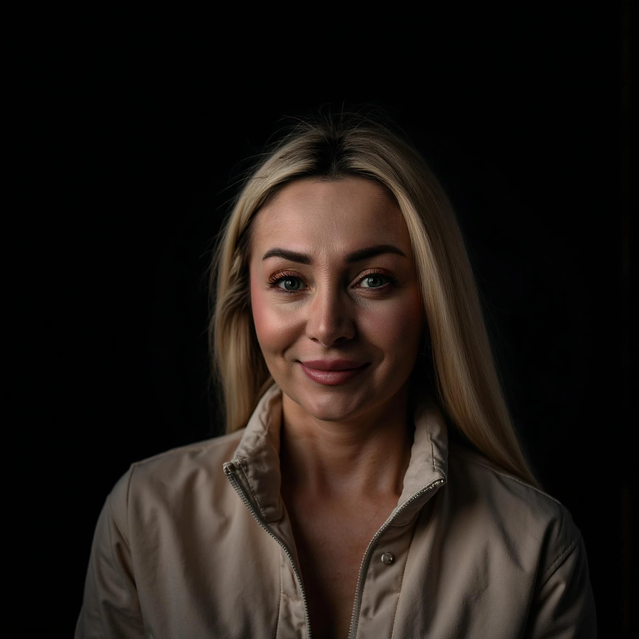 Professional headshot example: Woman Dark Background Beige Jacket Smiling — LinkedInHeadshots.ai