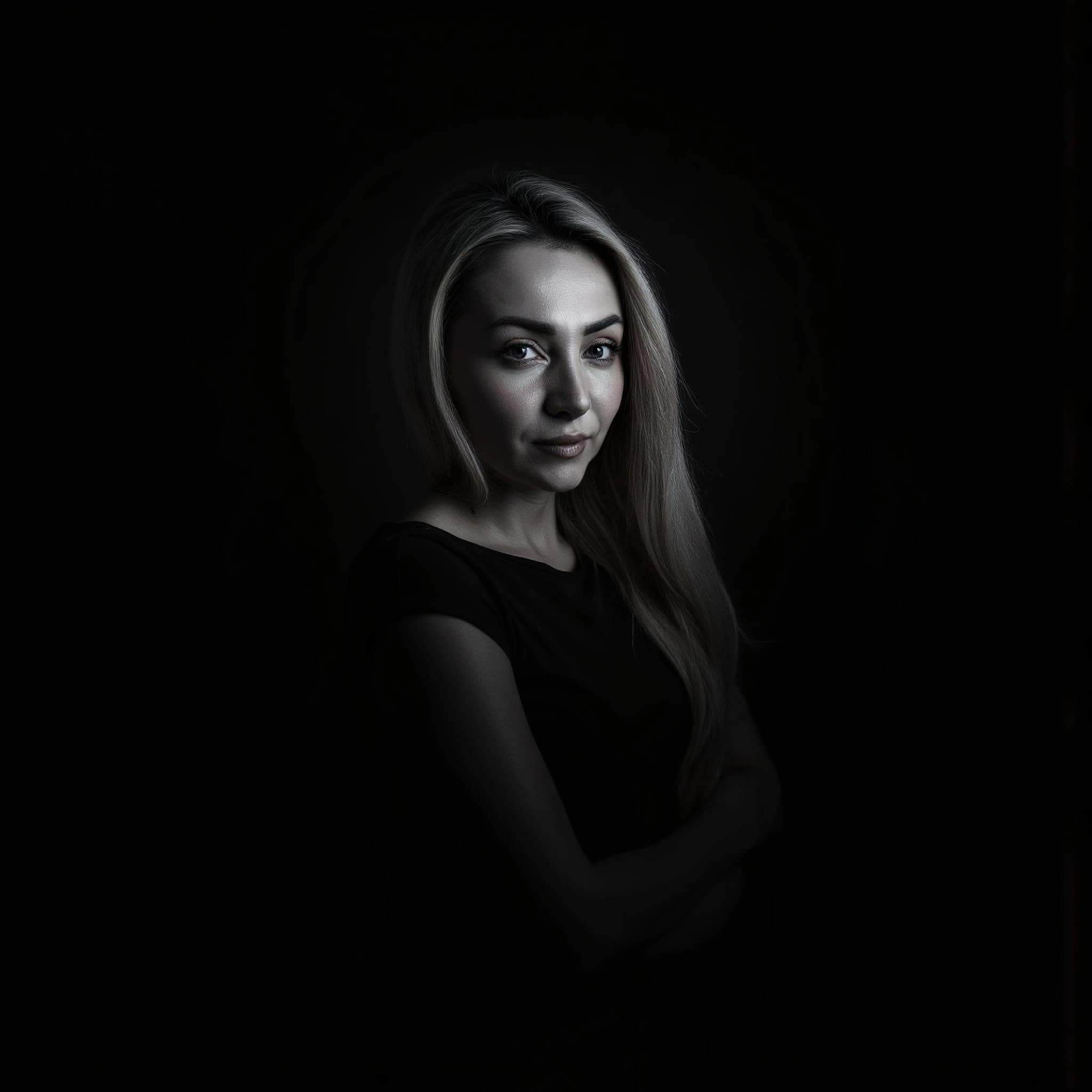 Professional headshot example: Woman Dark Background Black Shirt Portrait — LinkedInHeadshots.ai