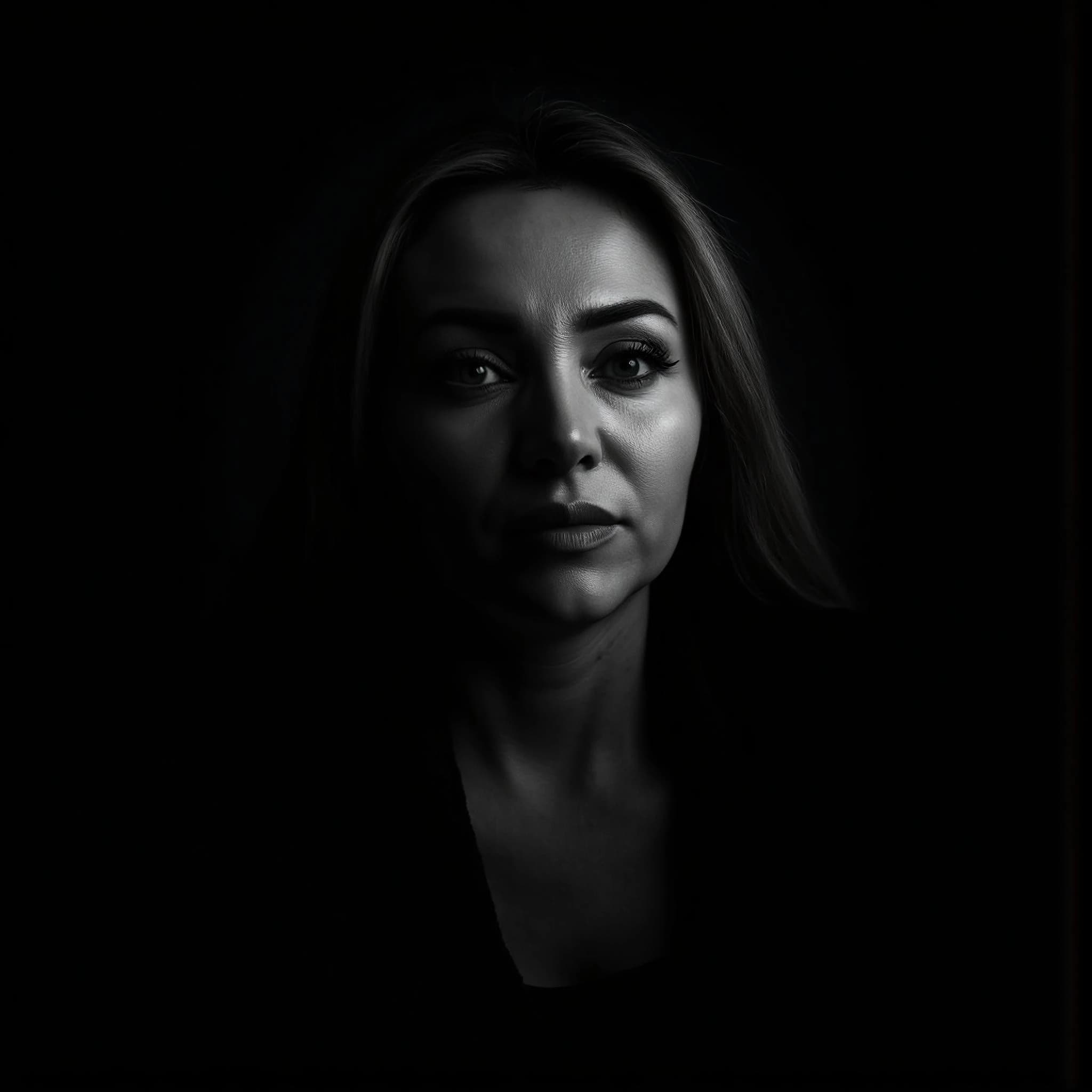 Professional headshot example: Woman Dark Background Black Top Portrait — LinkedInHeadshots.ai