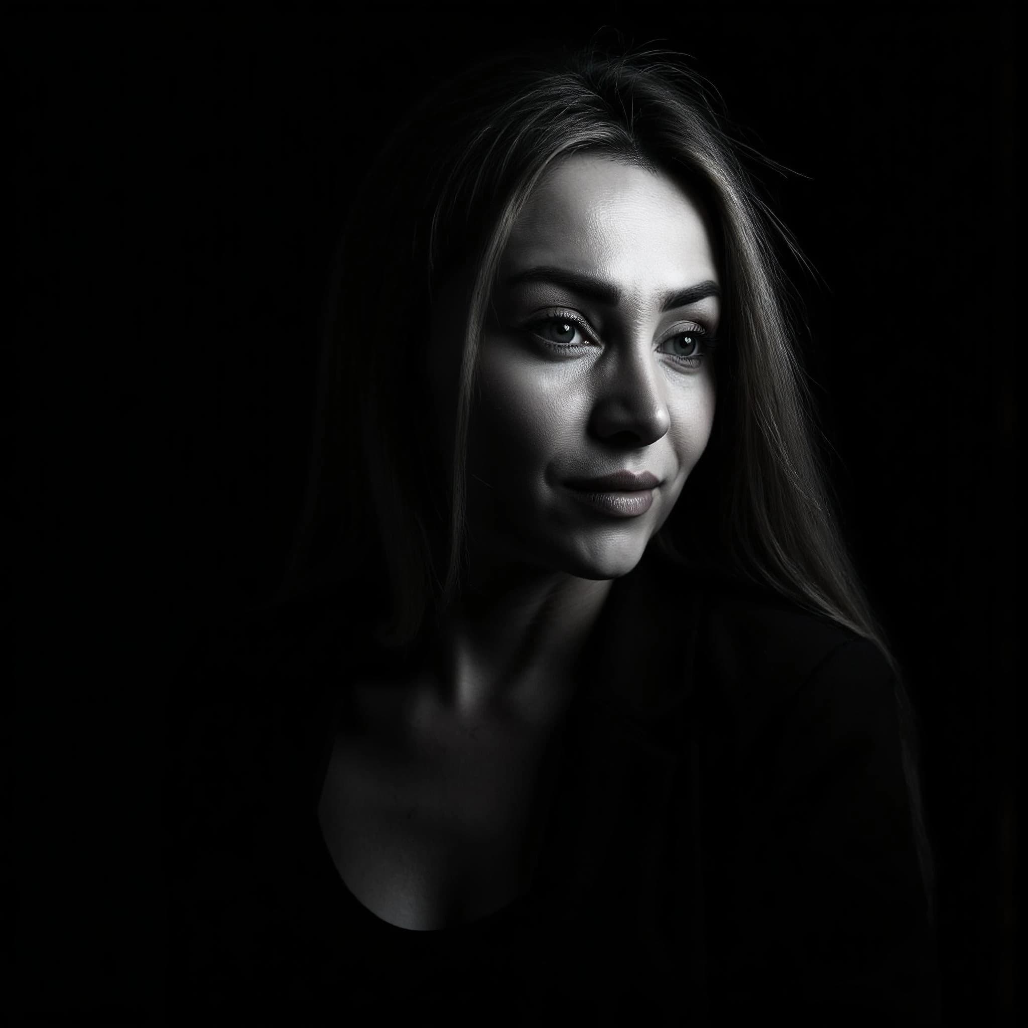 Professional headshot example: Woman Dark Background Black Top Portrait 2 — LinkedInHeadshots.ai